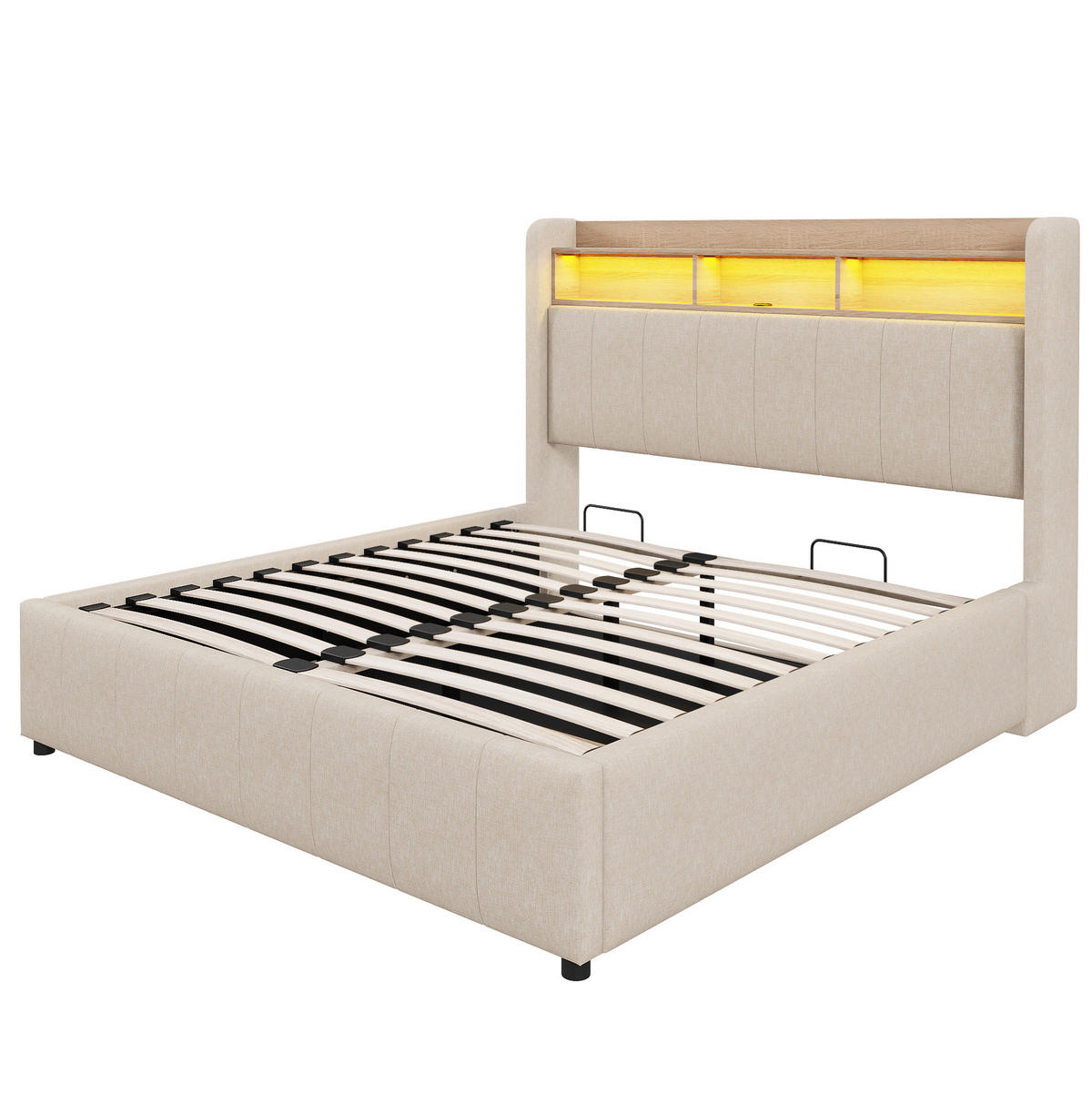 POLSTERBETT 140/200 cm mit Bettkasten, LED-Beleuchtung und USB in Beige - Beige, Textil (140/200cm) - BEAOK