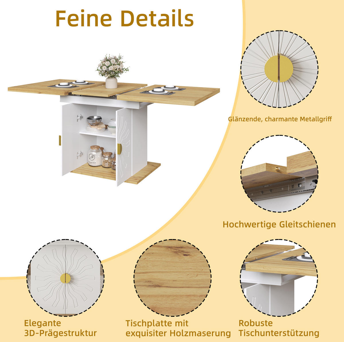 JÍDELNÍ stůl 110(140)/70/76 cm s rozkládací deskou a úložnými policemi, MDF, Bílá - bílá, kompozitní dřevo (76/70/110cm) - Redom