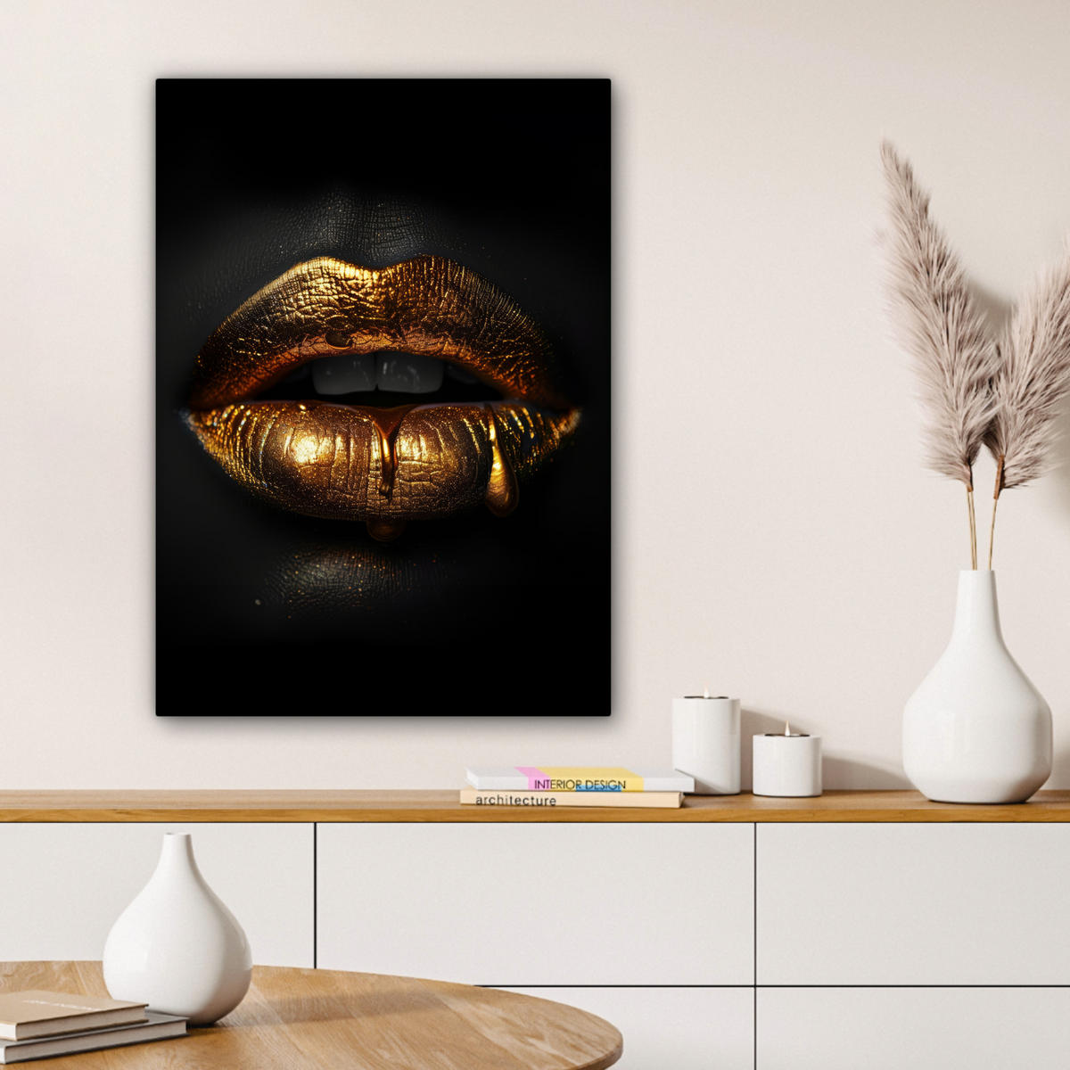 LEINWANDBILD Frau - Porträt - Lippen - Gold - Schwarz Wandbild Wohnzimmer 60x80 cm - Schwarz, Textil (60/80cm) - MuchoWow