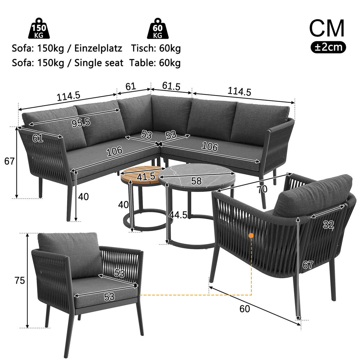 LOUNGEGARNITUR Grau aus Metall und Olefin 6er Set - Grau, Metall - OKMYHOME