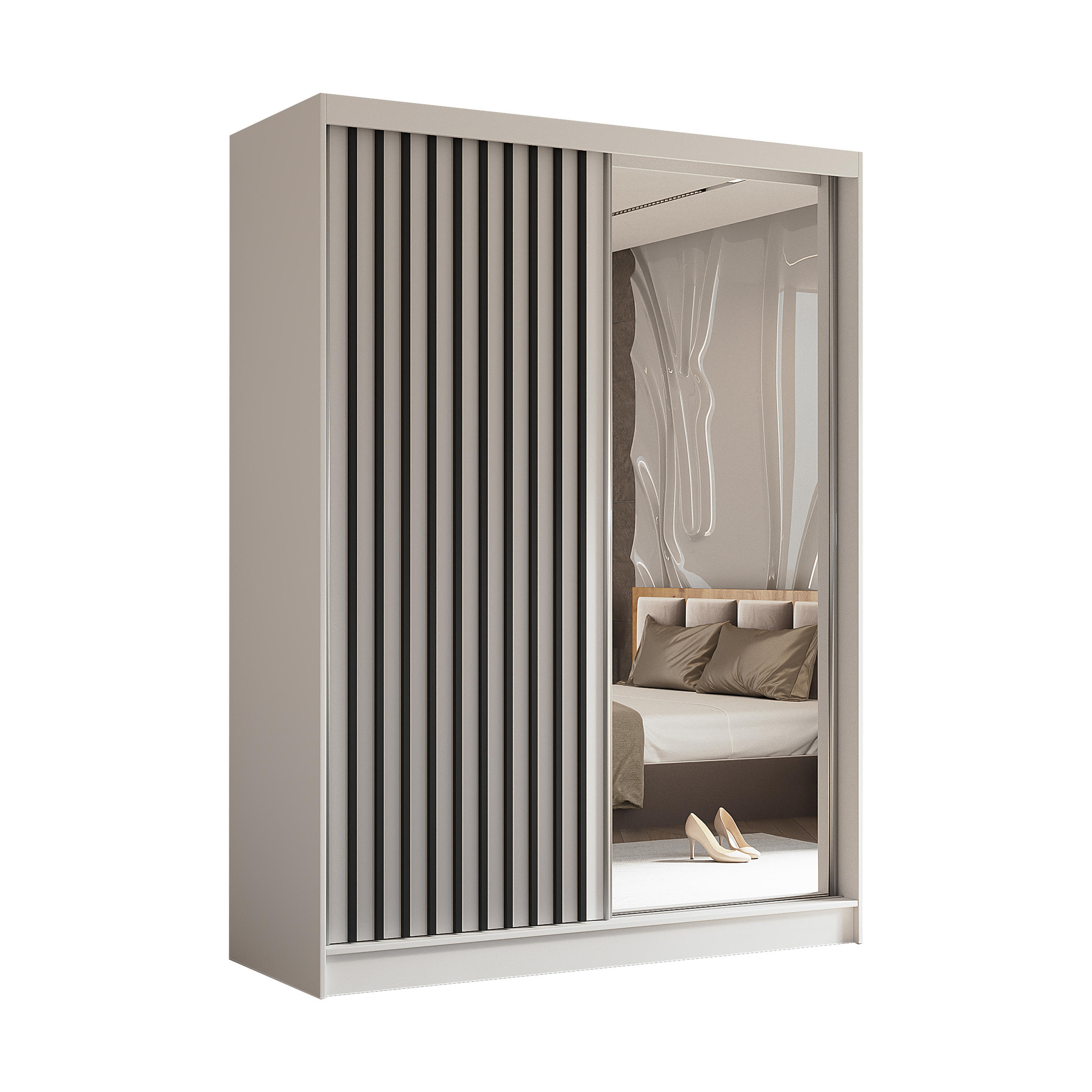 SCHWEBETÜRENSCHRANK LAMELLO 160/216/61 cm 2-türig mit Spiegel Weiß - Weiß, Holzwerkstoff (160/216/61cm) - MASSENO