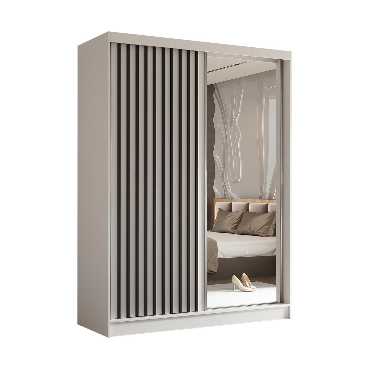 SCHWEBETÜRENSCHRANK LAMELLO 160/216/61 cm 2-türig mit Spiegel Weiß - Weiß, Holzwerkstoff (160/216/61cm) - MASSENO