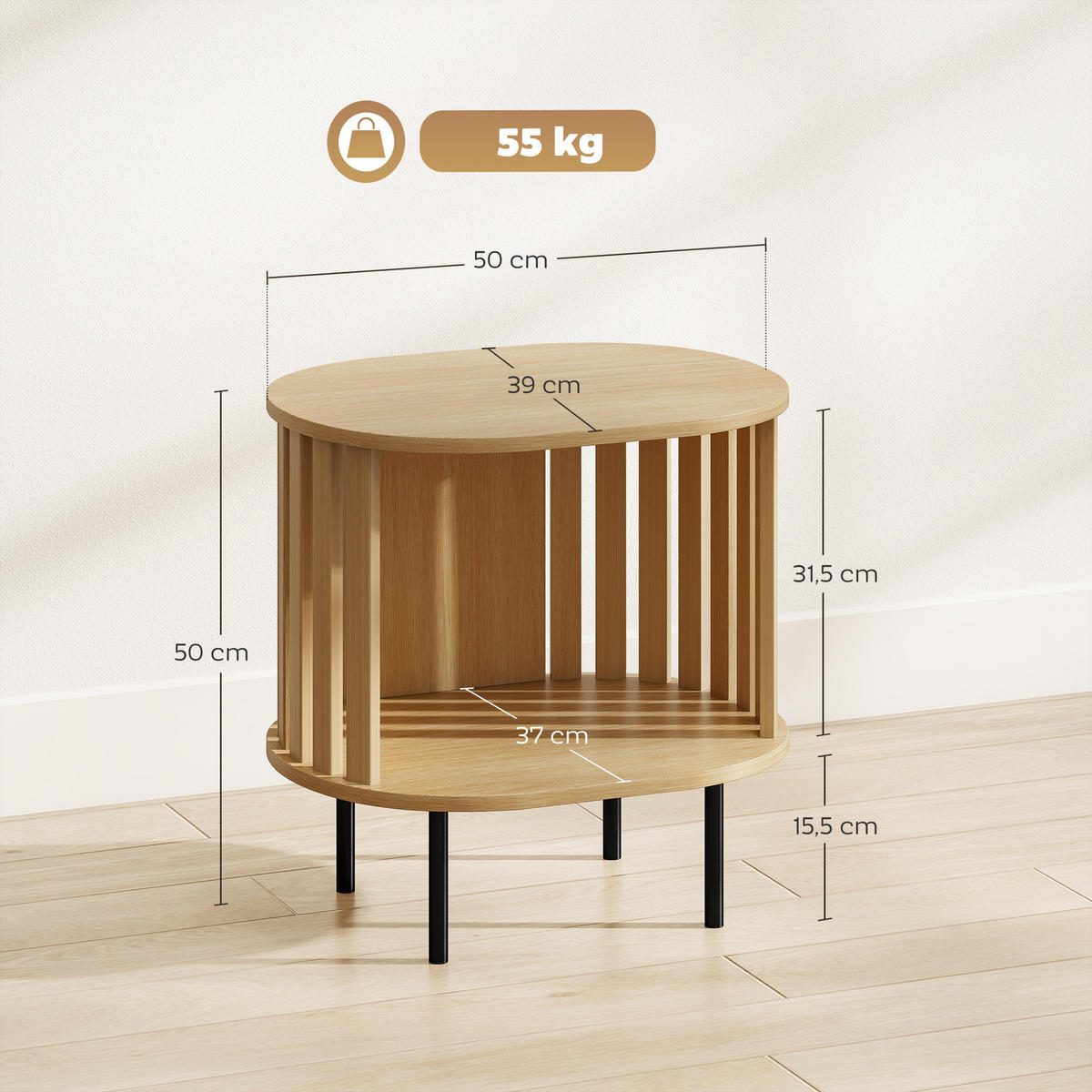 BEISTELLTISCH DE-15813 ovale Lattenablage Naturholz - Naturfarben, Holzwerkstoff (50/39/50cm) - ComfortXL