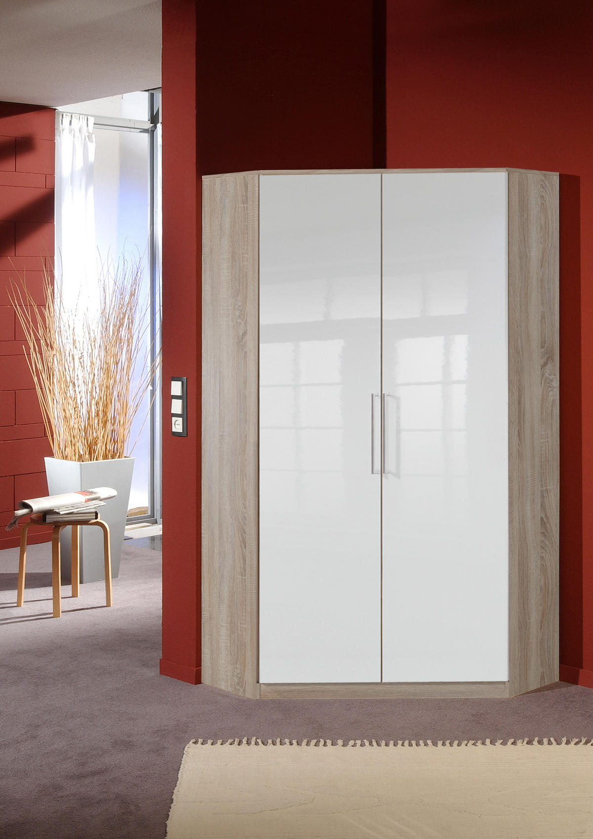 KLEIDERSCHRANK Greven in Hochglanz Lack Weiß mit Eiche Sägerau 91x199x58 cm (BxHxT) – Eckkleiderschrank - Weiß/Braun, Holzwerkstoff (120/200/80cm)