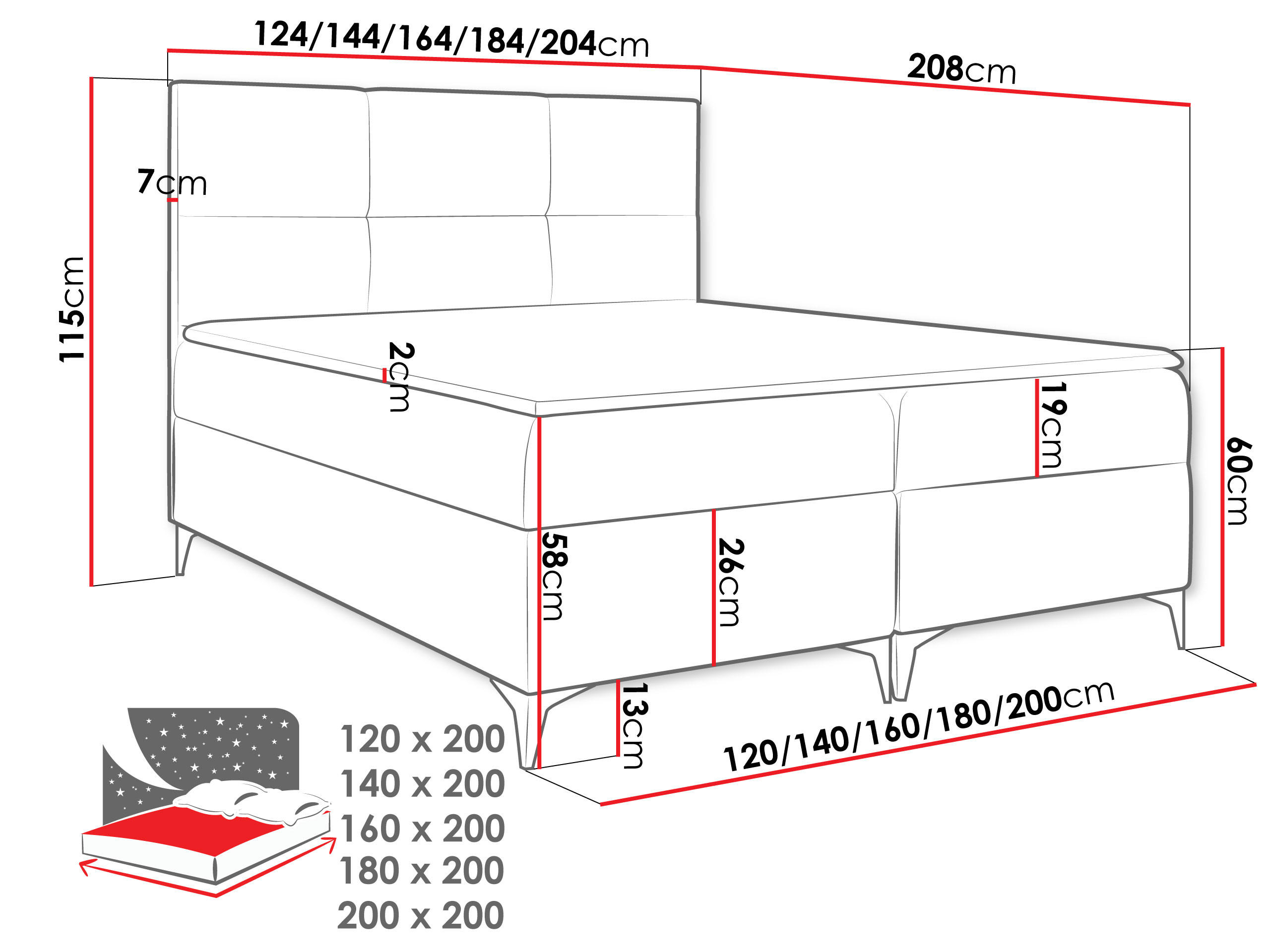 Thumbnail - Mirjan24 Boxbett, Rot, Textil, H3, Höhe ca. 19 cm, Rechteckig, 160x200 cm, Schlafzimmer, Betten, Boxspringbetten