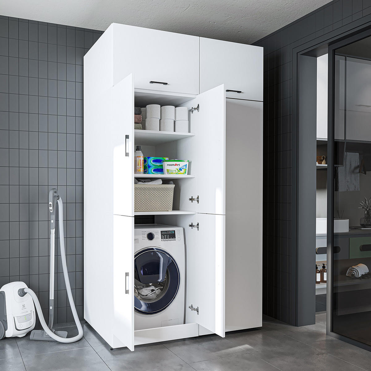 WASCHMASCHINENSCHRANK DORA-II 130cm Breit, 230cm Hoch - Weiß, Holzwerkstoff (130/230/73.8cm)