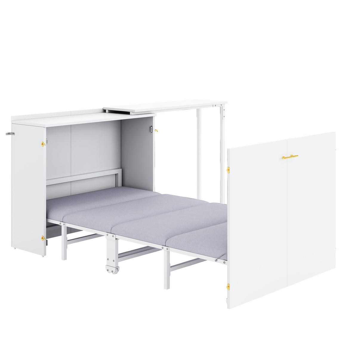 KLAPPBETT 90/200 cm mit drehbarem Schreibtisch, Matratze und Rollen, platzsparend aus Metall, Weiß/Holzfarbe - Weiß, Metall (90/200cm) - Redom