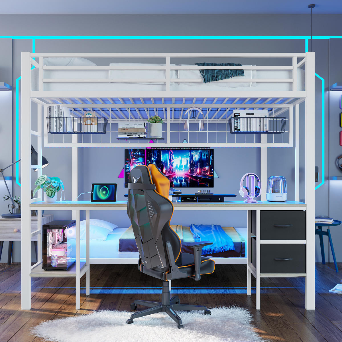 HOCHBETT 90x200cm + 140x200cm Weiß Metall Schubladen Schreibtisch LED - Weiß, Metall (140/200cm) - FLIEKS