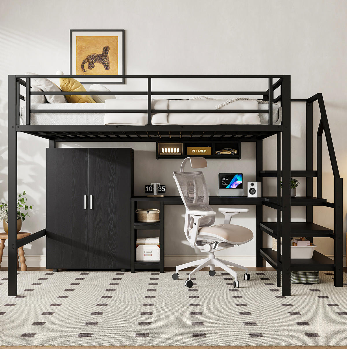 HOCHBETT aus Metall und MDF 140x200 cm Schwarz mit Kleiderschrank, Regalen und Schreibtisch - Schwarz, Metall (140/200cm) - IVMEU