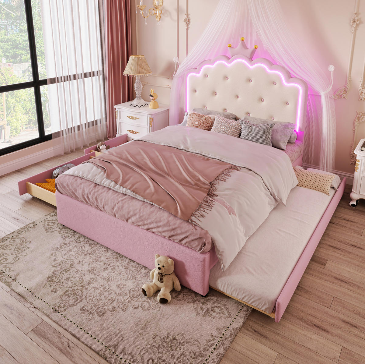 POLSTERBETT 140/200 cm Rosa mit Lattenrost und Ambiente-Beleuchtung - Rosa, Kunststoff (140/200cm) - OKWISH