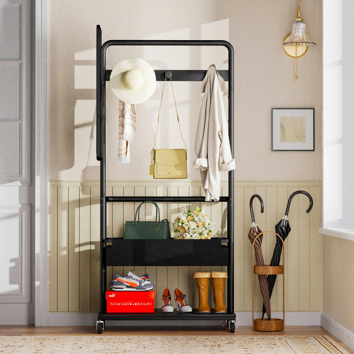 STANDGARDEROBE 70/40/170 cm mit Spiegel, Kleiderstange und Schuhablage in Schwarz - Schwarz, Holzwerkstoff (70/170/40cm) - BEAOK