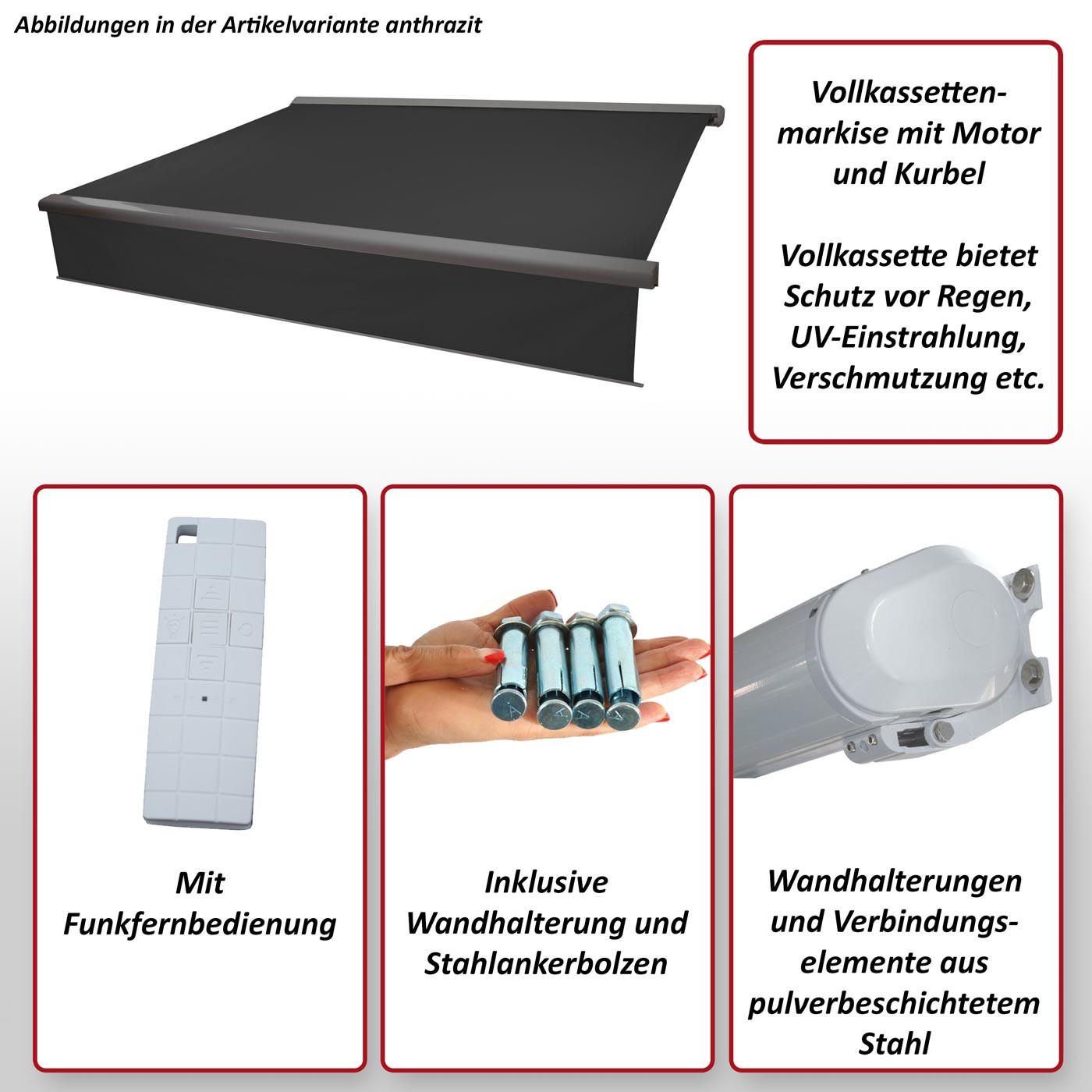 KASSETTEN-MARKISE VOLANT AUSFAHRBAR Anthrazit, Grau - Anthrazit/Grau, Textil (500/15/300cm) - MCW