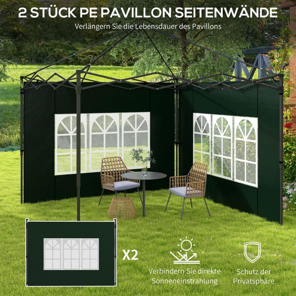 PAVILLON SEITENWÄNDE 2er Set 3x3 3x6 dunkelgrün - Dunkelgrün, Kunststoff (293/193/1cm) - LEBENLANG