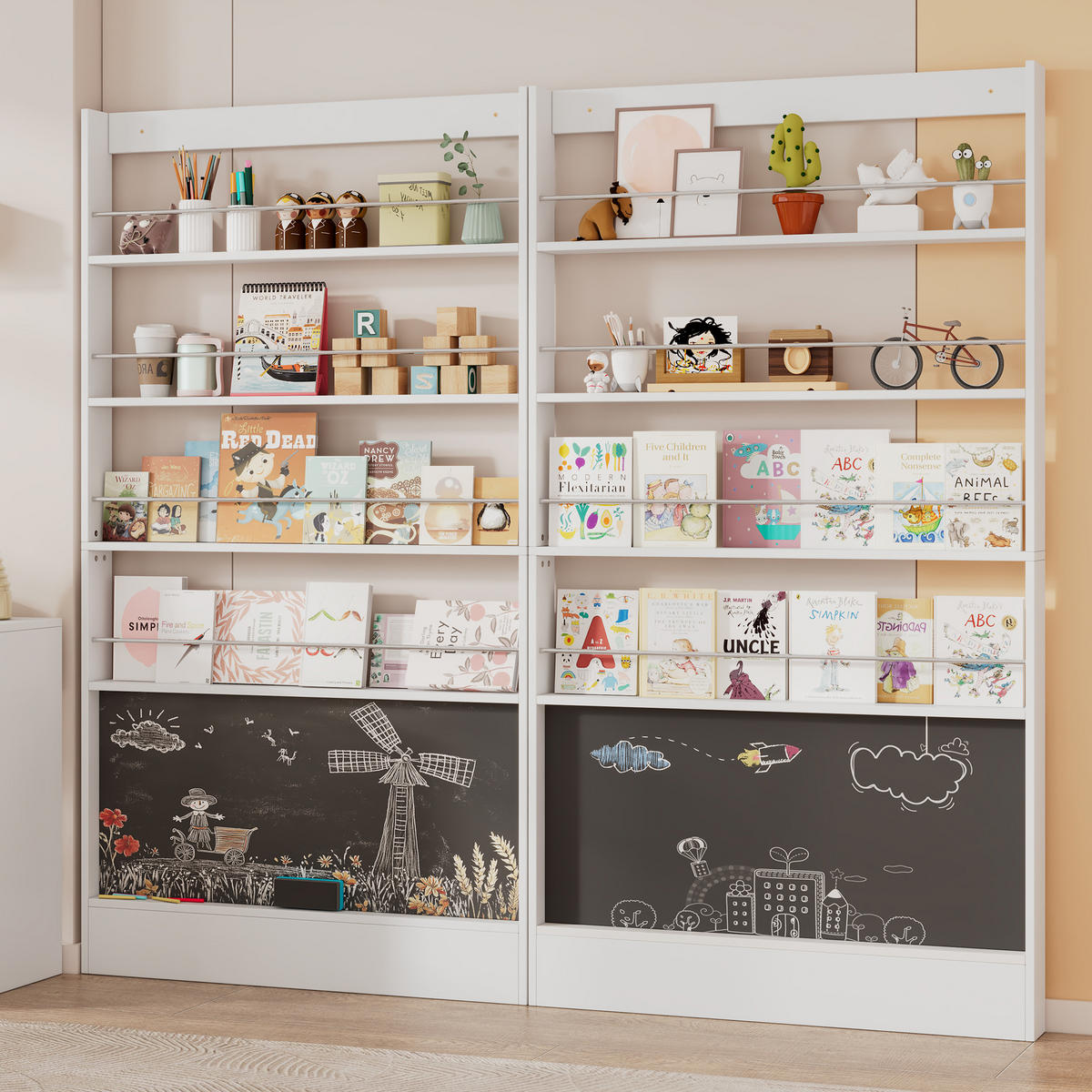 BILDERBUCHREGAL SET 200x10x180cm 2-teilig 4 Ebenen Kippschutz bemalbar - Weiß, Holz (10/180/200cm) - FLIEKS