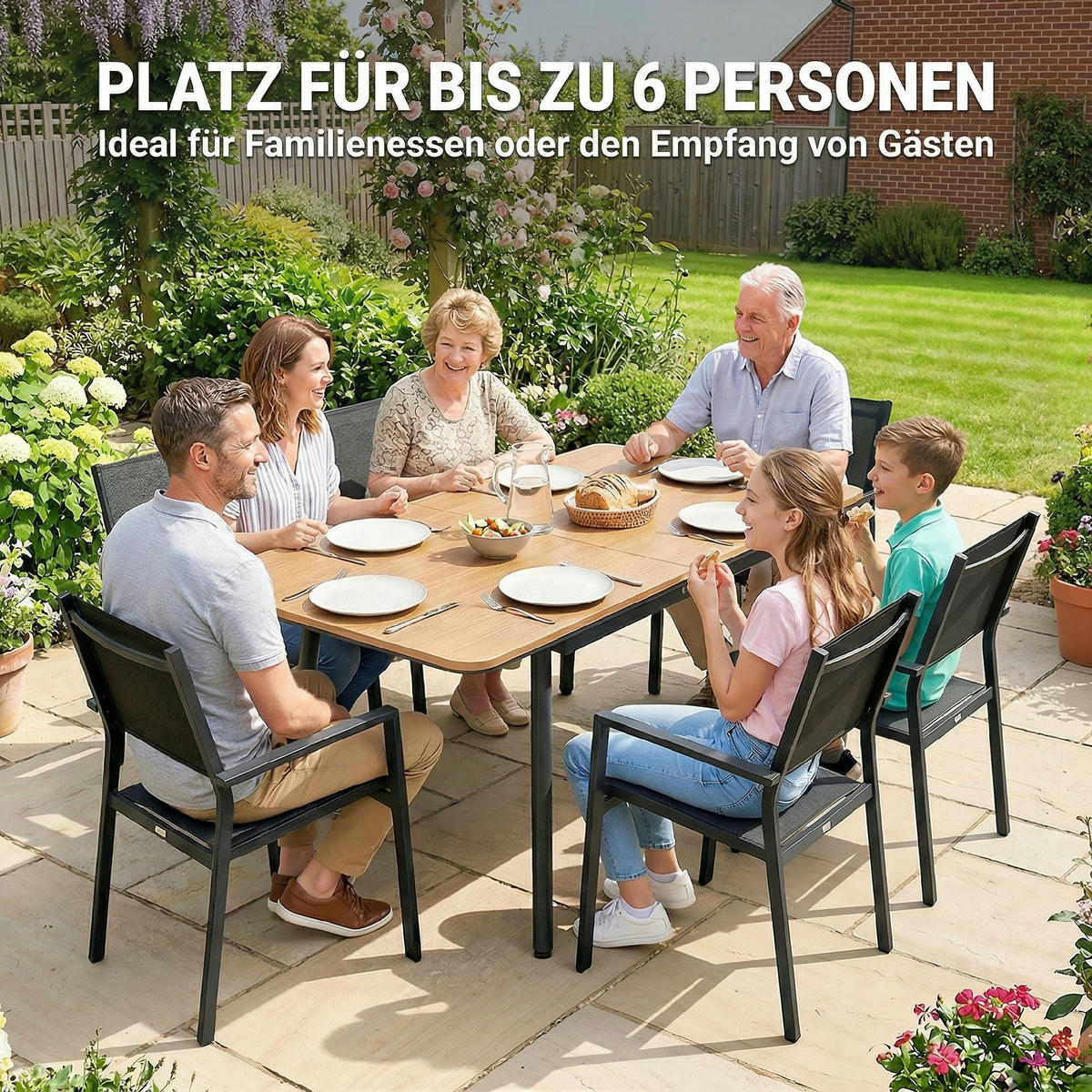 GARTENTISCH rechteckig 140/80/75 cm Teak - Schwarz/Teakfarben, Metall (140/80/75cm) - Outsunny