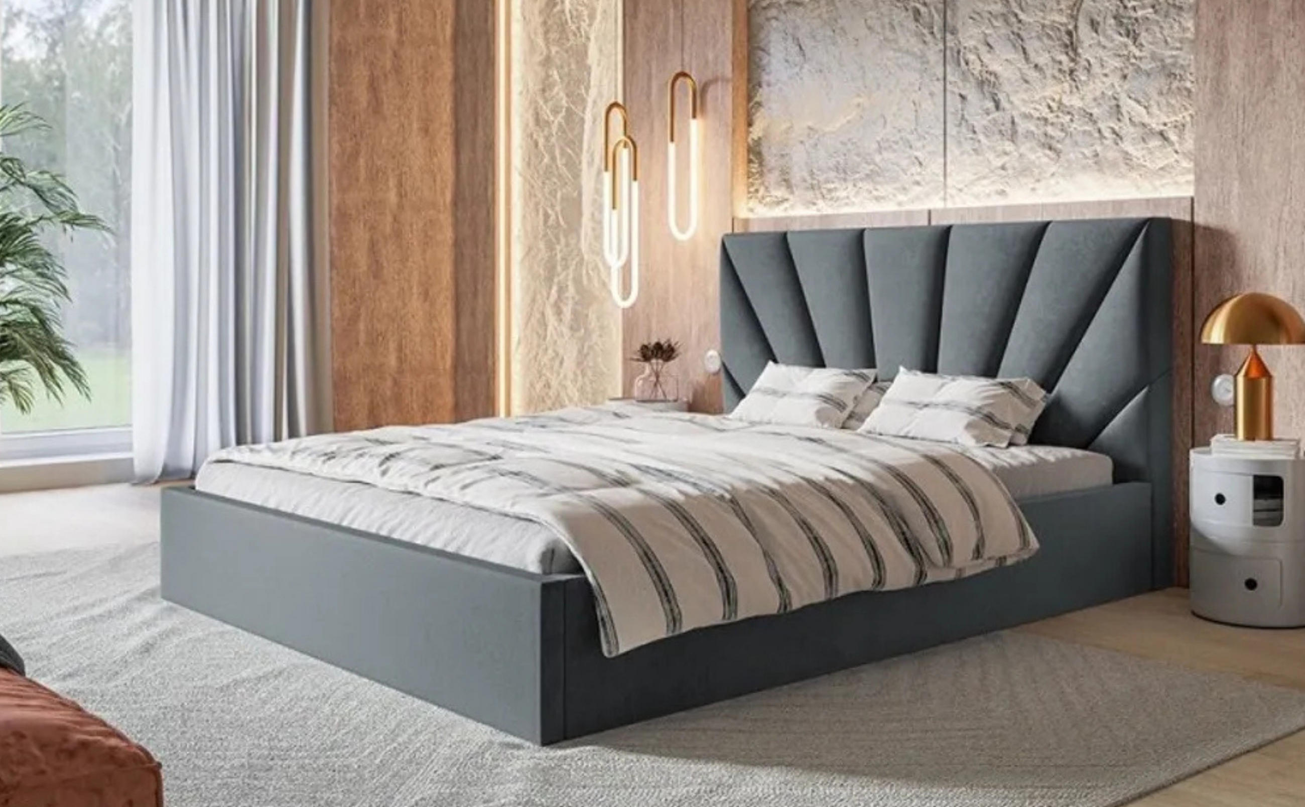 POLSTERBETT SLIM 3 mit Kopfteil, 160x200 cm, Doppelbett mit Bettkasten und Lattenrost aus Holz, Velourstoff, Farbe: Dunkelgrau - Grau, Holz/Textil (160/200cm) - Sepro Meble