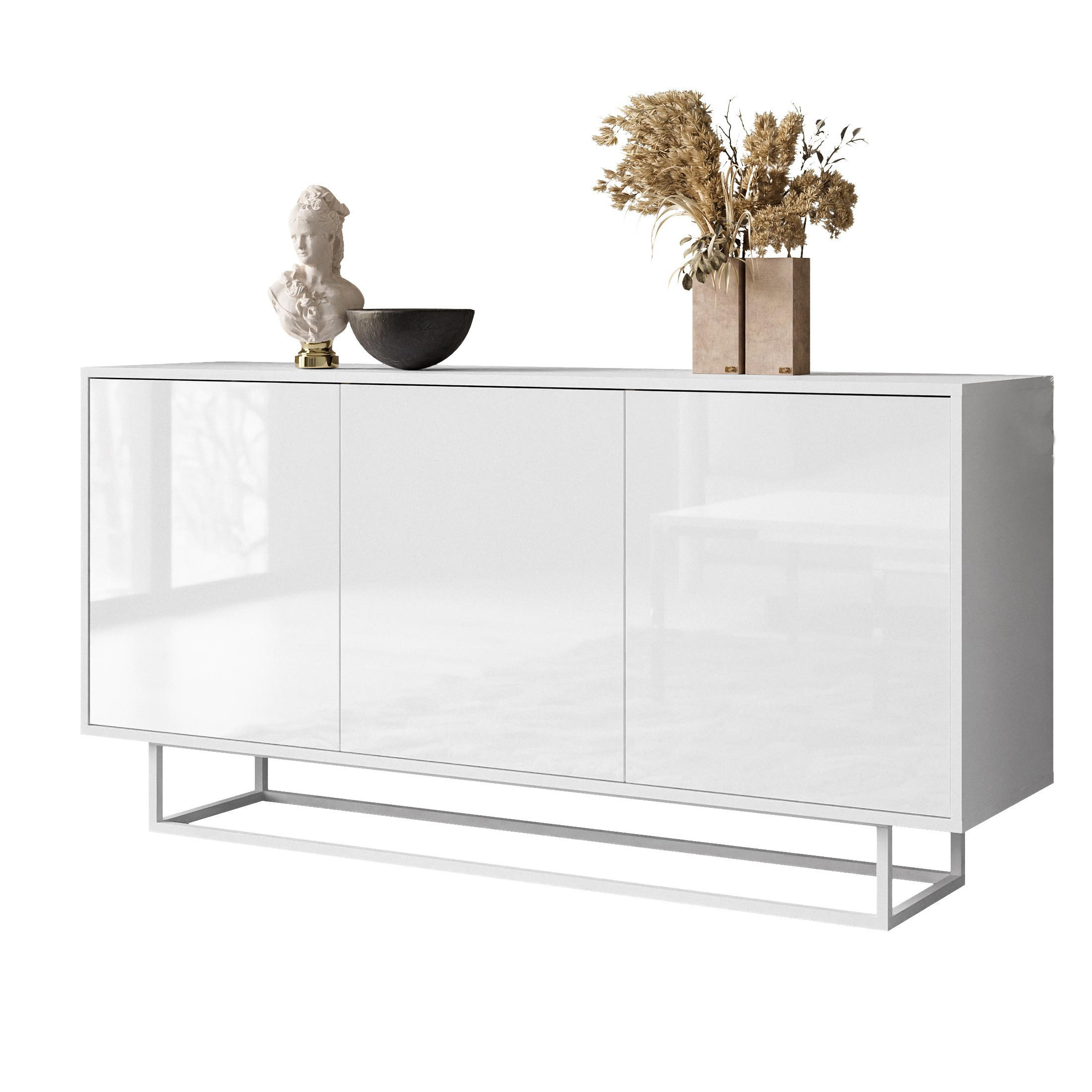 SIDEBOARD SANAYI auf weißem Gestell, Hochglanz Weiß - Weiß Hochglanz/Weiß, Holzwerkstoff (154/75/40cm) - Lookway