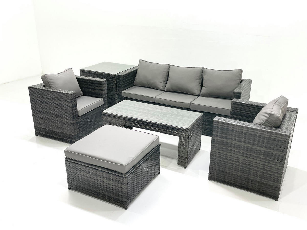 GARTENMÖBEL-SET COUCHTISCH SESSEL SOFA mit HOCKER Polyrattan Dunkelgrau Gemischt 6-Sitzer - Dunkelgrau/Grau, Glas/Kunststoff - Fimous