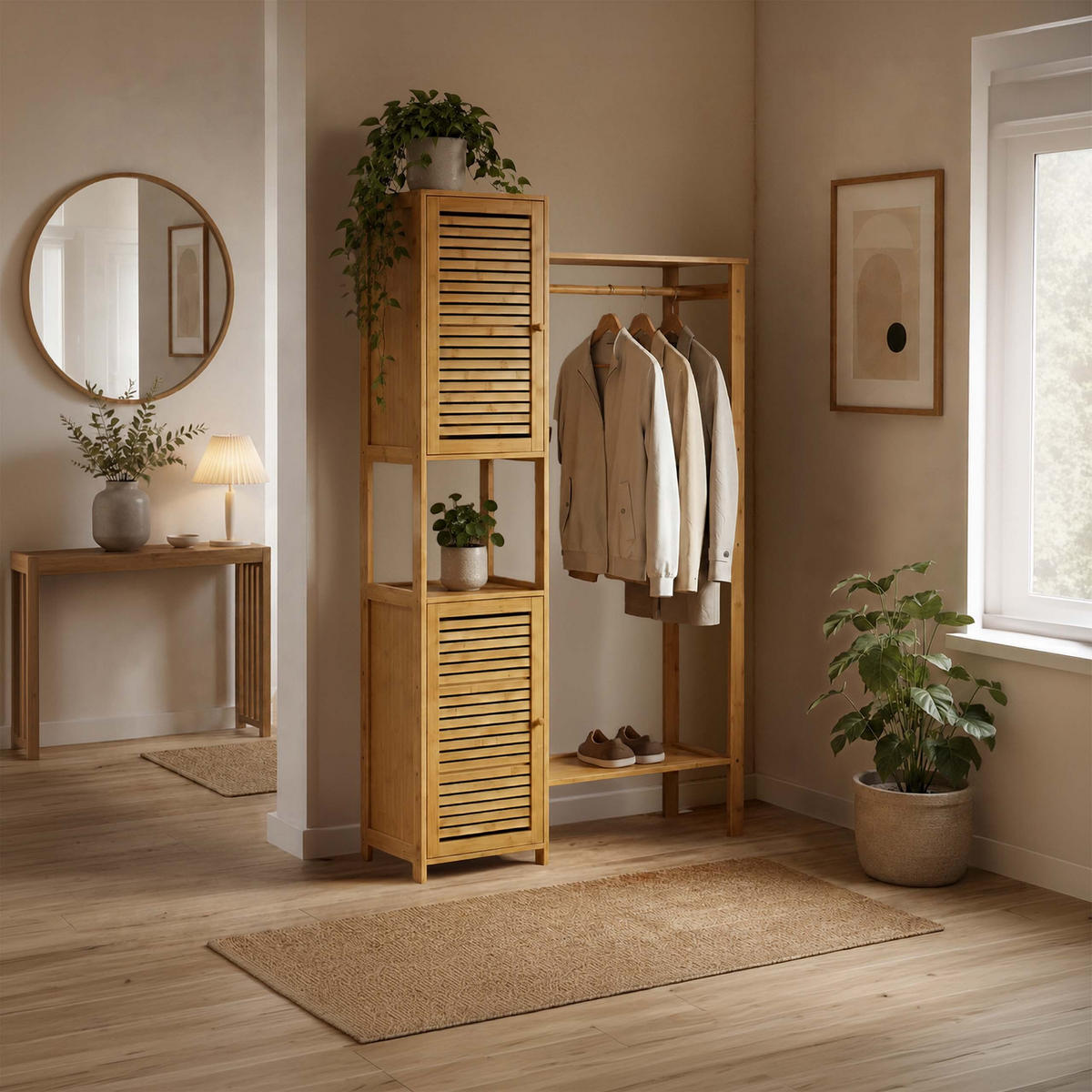 KLEIDERSTÄNDER Natur Bambus mit 2 Schrankelementen - Hellbraun, Holz (99/164/29cm) - Relaxdays