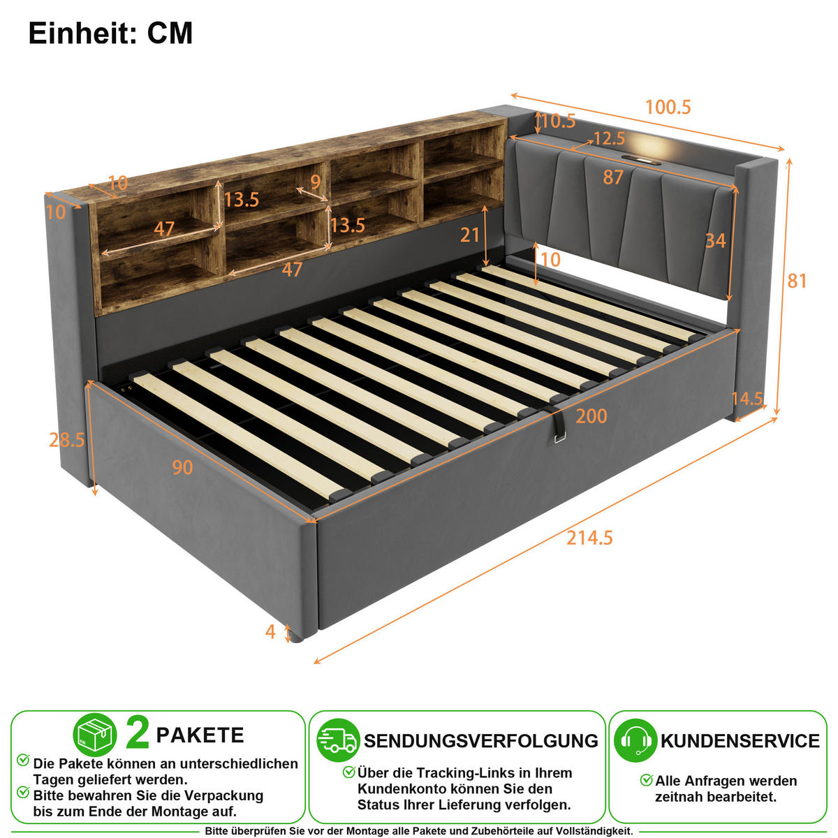 POLSTERBETT 90/200 cm in Dunkelgrau Samt mit Stauraum, USB und LED - Dunkelgrau, Holzwerkstoff/Textil (90/200cm) - CHICFURN