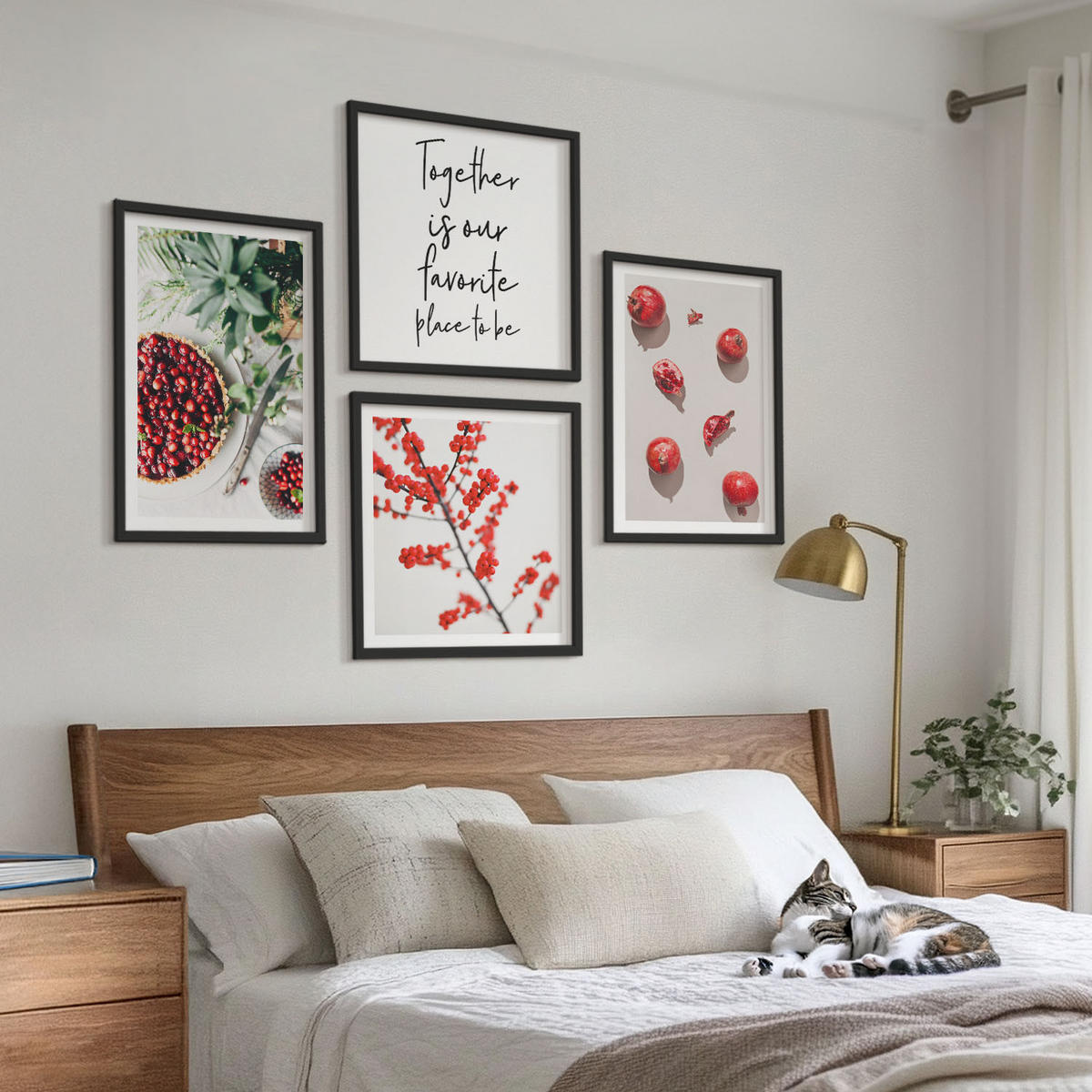 BILDER SET 4er Set - 50x50 cm & 40x60 cm Schwarzer Rahmen - Minimalismus der roten Früchte von Pflanzen - Schwarz, Kunststoff (50/50cm) - TULUP