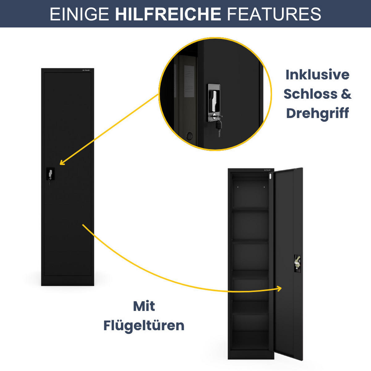 AKTENSCHRANK abschließbar KADO Flügeltüren 185x45x60cm Schwarz - Schwarz, Metall (45/185/60cm) - DELUKE