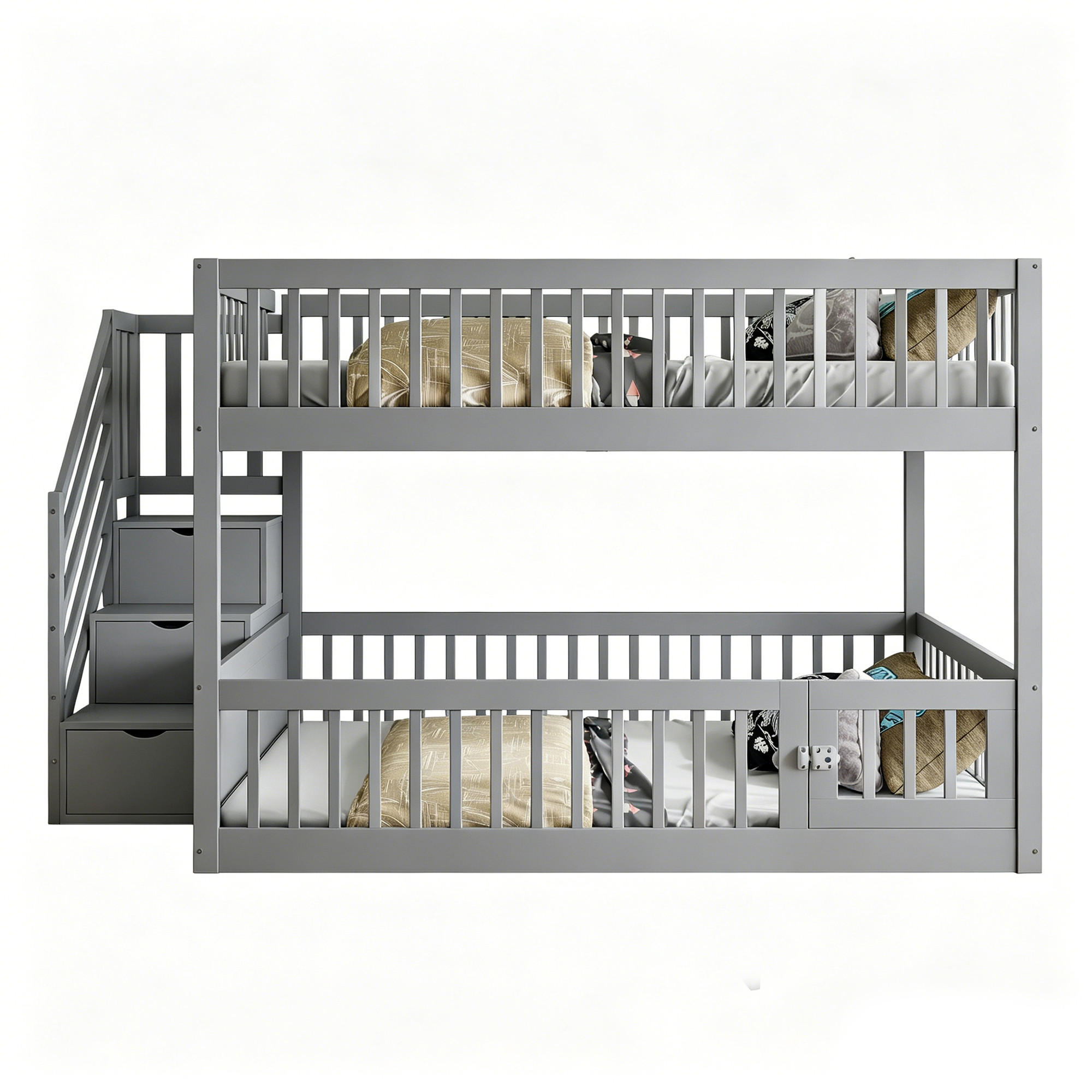 ETAGENBETT 140/200 cm mit Stauraumtreppe, Schubladen und Tür, Grau - Grau, Holzwerkstoff (140/200cm) - Redom