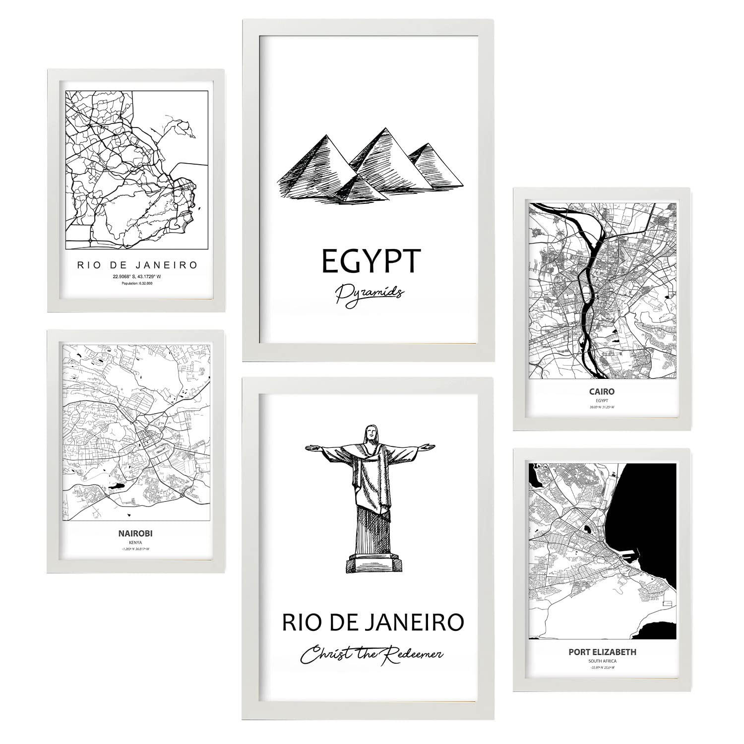 POSTER Set Mit 6 Drucke Von Südafrika Von Karten In Schwarz Weiß A3 & A4 Weißer Rahmen - Weiß, Papier (29/3cm) - Nacnic