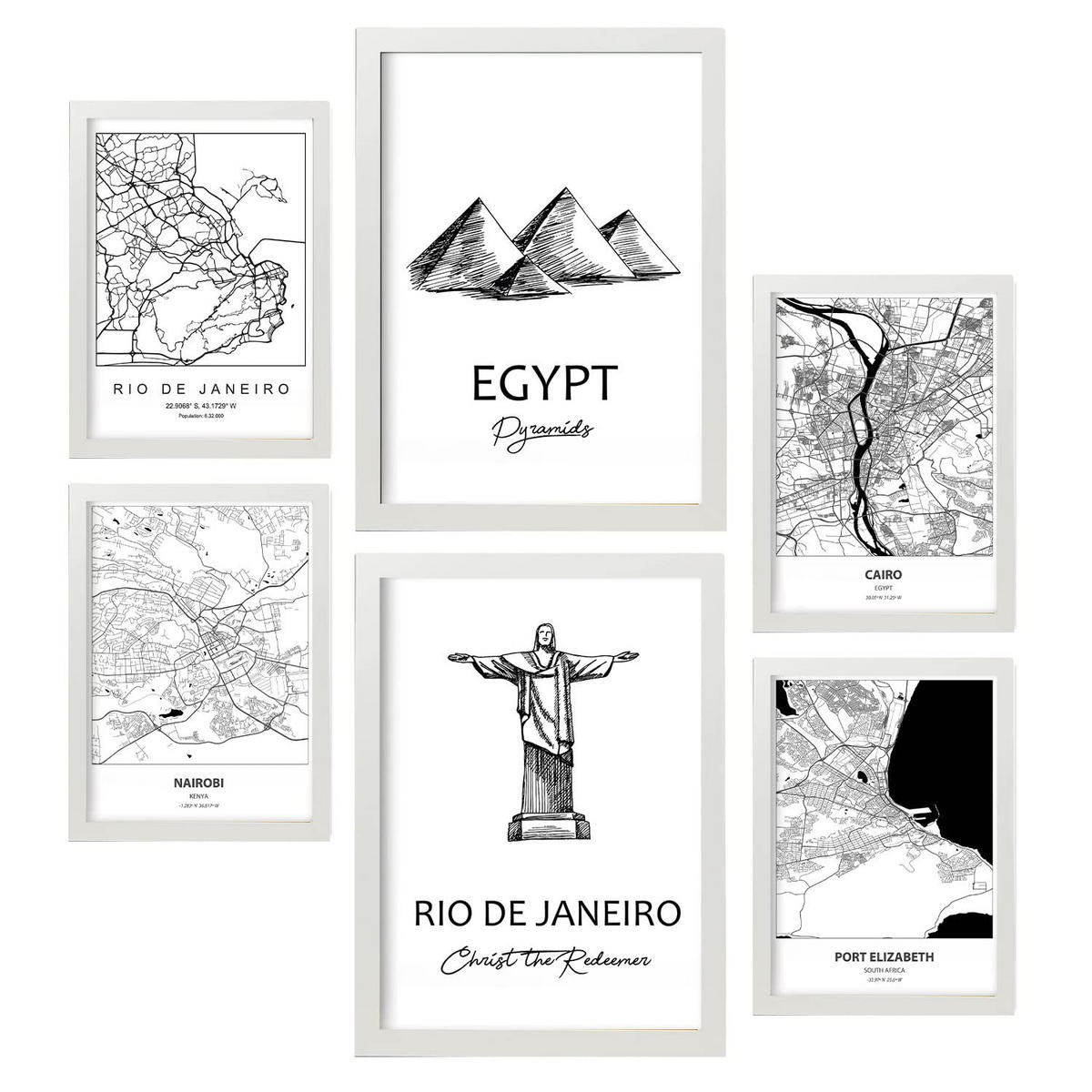 POSTER Set Mit 6 Drucke Von Südafrika Von Karten In Schwarz Weiß A3 & A4 Weißer Rahmen - Weiß, Papier (29/3cm) - Nacnic