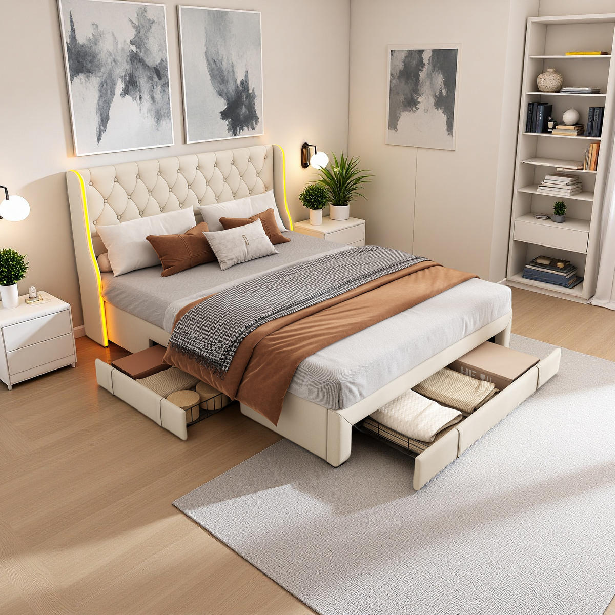 POLSTERBETT 160x200 Beige Samt 3 Schubladen - Beige, Metall (160/200cm) - SHOPENTRA