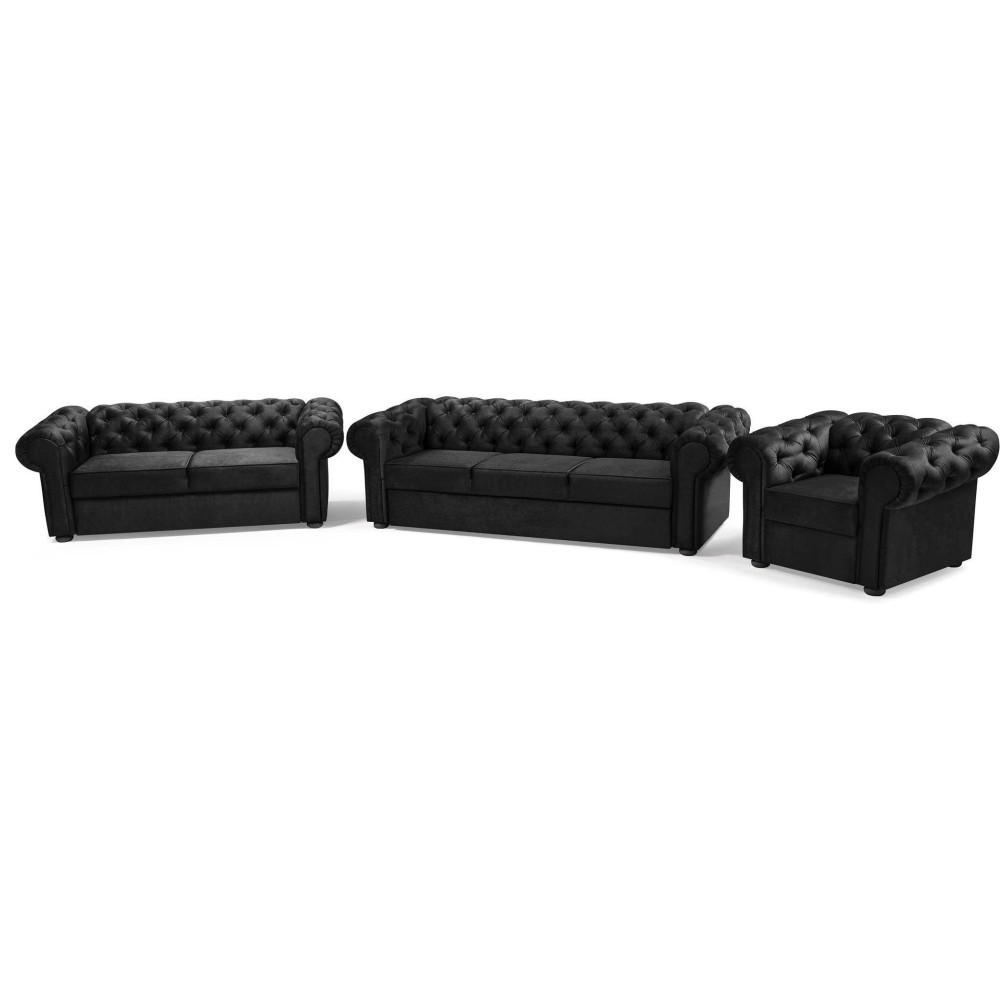 SITZGARNITUR Chester 3+2+1 im Chesterfield-Stil, Schwarz - Schwarz, Textil (252/82/92cm) - Beautysofa