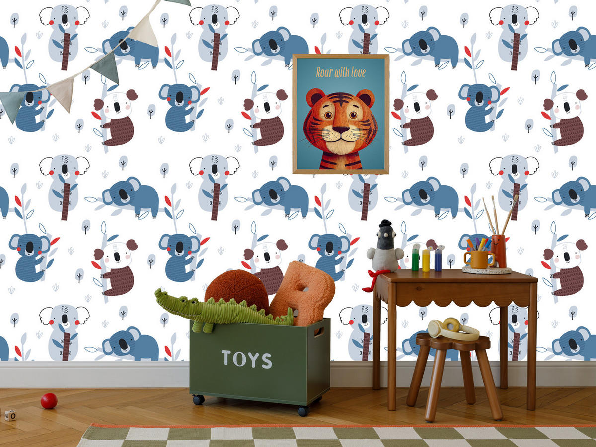 VLIESTAPETE Koalas und Bäume – Blau, Braun, Weiß – 50x1000 cm - Blau/Braun, Papier (50/1000cm) - Muralo