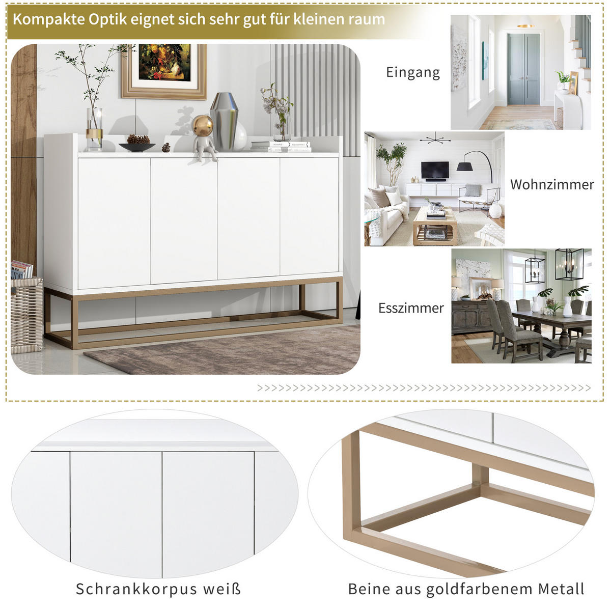 SIDEBOARD, Kommode mit 4 Türen, Verstellbaren Einlegeböden und goldenen Metallrahmen, Weiß - Weiß, Holz (30/80/120cm)