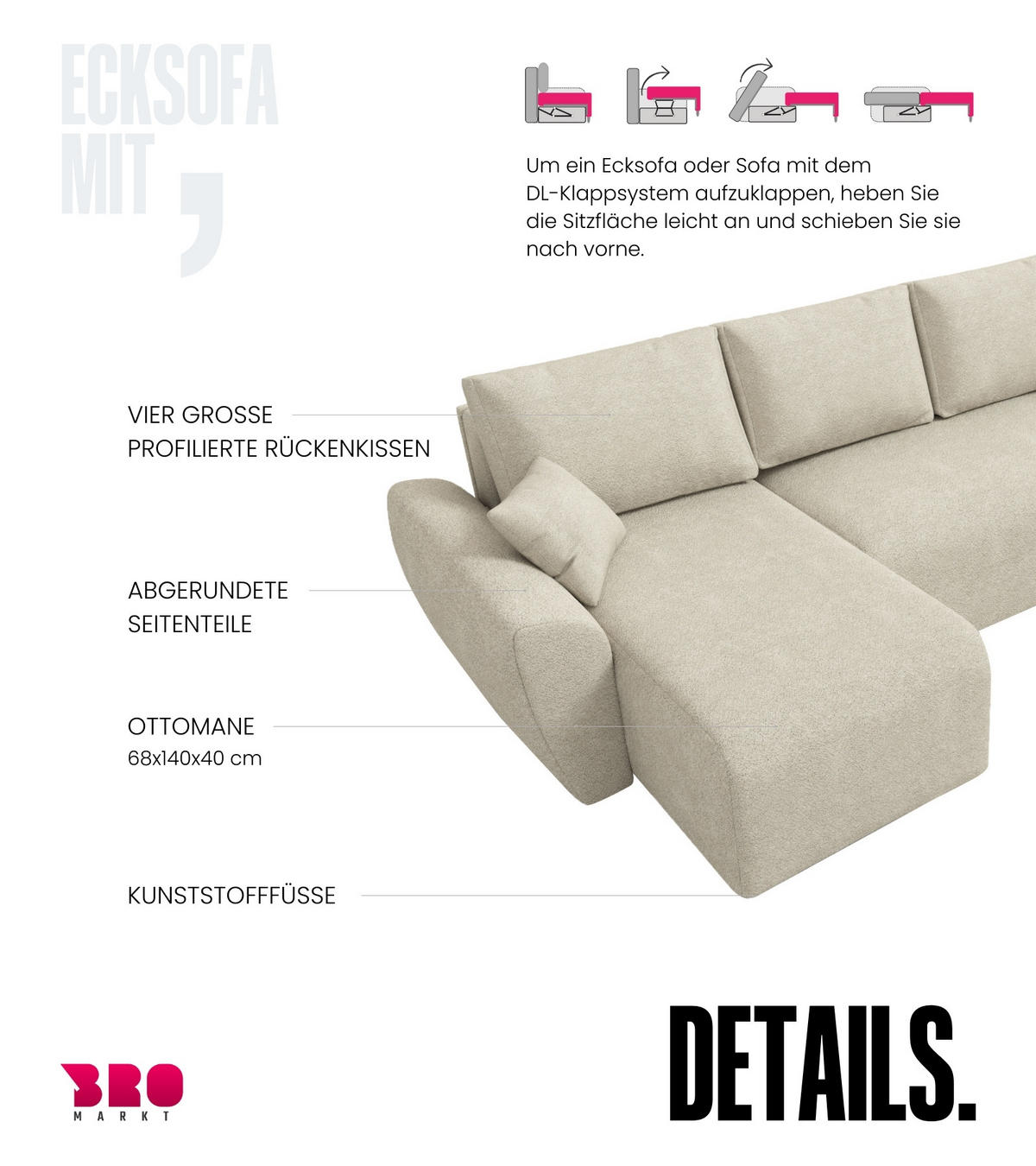 WOHLANDSCHAFT Rotterdam U mit Schlaffunktion Beige Bouclé - Grau, Textil (310/80/141cm) - Bromarkt