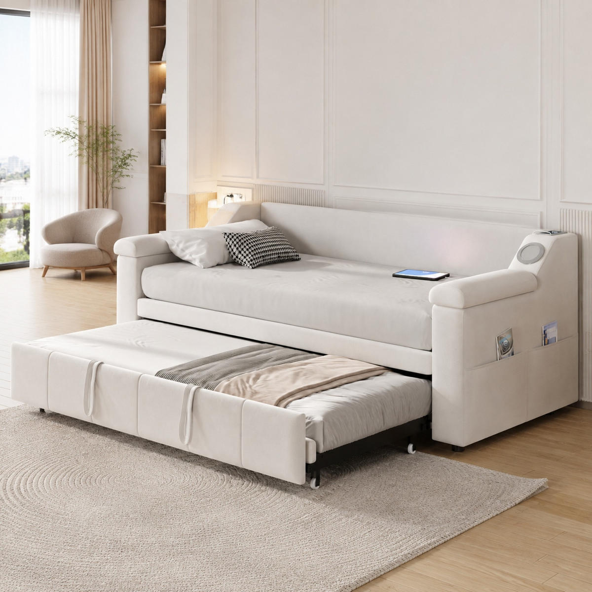 POLSTERBETT 90/190 mit Ausziehfunktion, Bluetooth, USB, Ablagefächern und Lattenrost in Beige - Beige, Holzwerkstoff/Textil (90/190cm) - EVRYAE