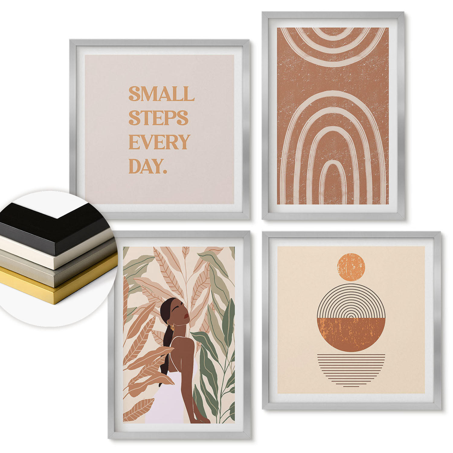 WANDBILDER 4er Set - 50x50 cm & 40x60 cm Silberner Rahmen - Stilvolle Pflanzenmuster und Geometrie - Silberfarben, Kunststoff (50/50cm) - ArtPrintCave