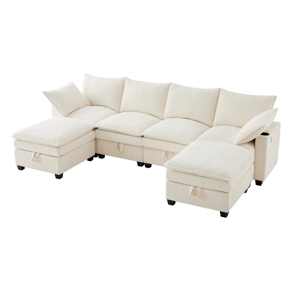 ECKSOFA Modulares 5-6-Sitzer mit Fußhocker und USB-Anschlüssen Cord Beige 280/151/82 cm - Beige, Textil (280/152cm) - OKWISH