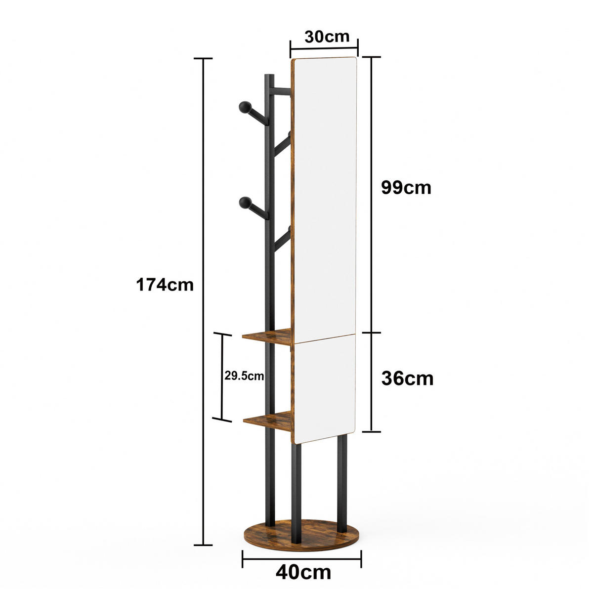 STANDGARDEROBE mit Spiegel 40/40/174 cm in Schwarz/Braun, drehbar - Schwarz, Holzwerkstoff (40/174/40cm) - BEAOK