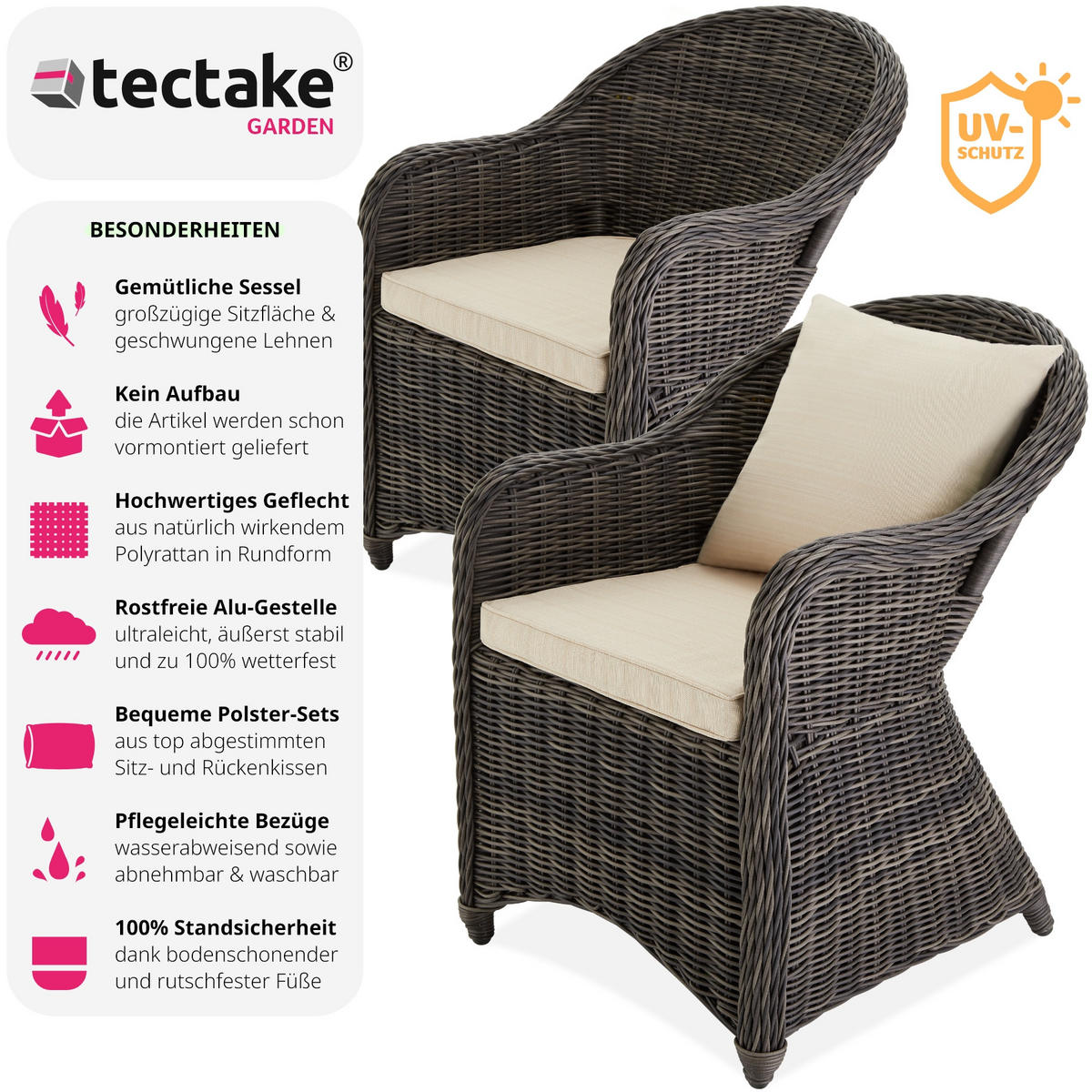 RATTANSESSEL 2er Set, 71 x 60 x 84 cm,grau - Grau, Kunststoff (60/84/71cm) - tectake