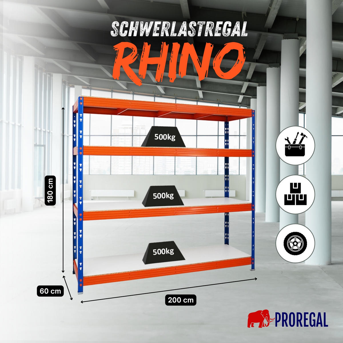 SCHWERLASTREGAL Rhino 180x200x60 cm 4 Melamin-Ebenen 16mm Fachlast 500 kg Blau/Orange - Blau/Orange, Metall (200/180/60cm) - PROREGAL