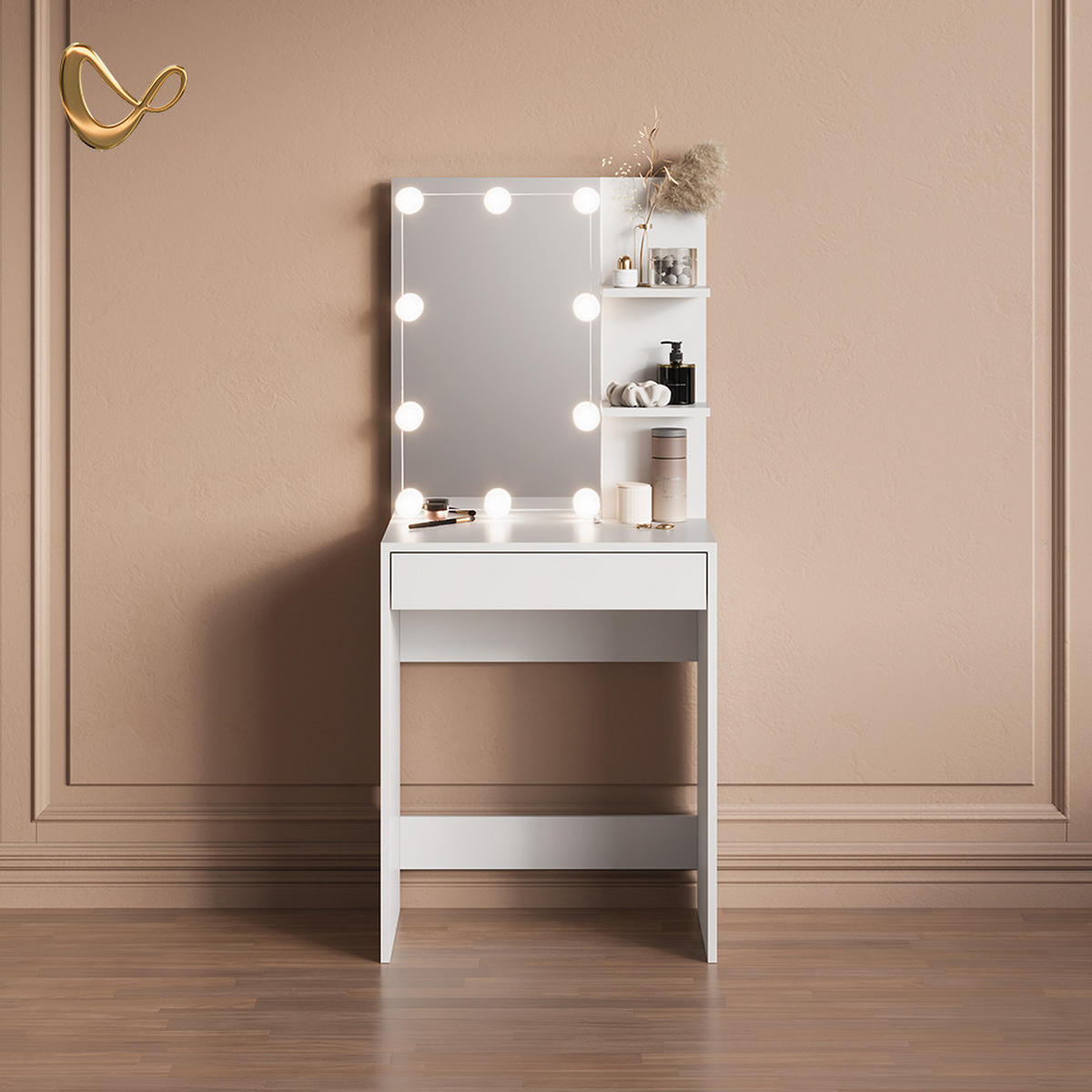 SCHMINKTISCH Nola Weiß 60 cm mit LED Beleuchtung - Weiß, Holzwerkstoff (60/140/40cm) - Livinity®