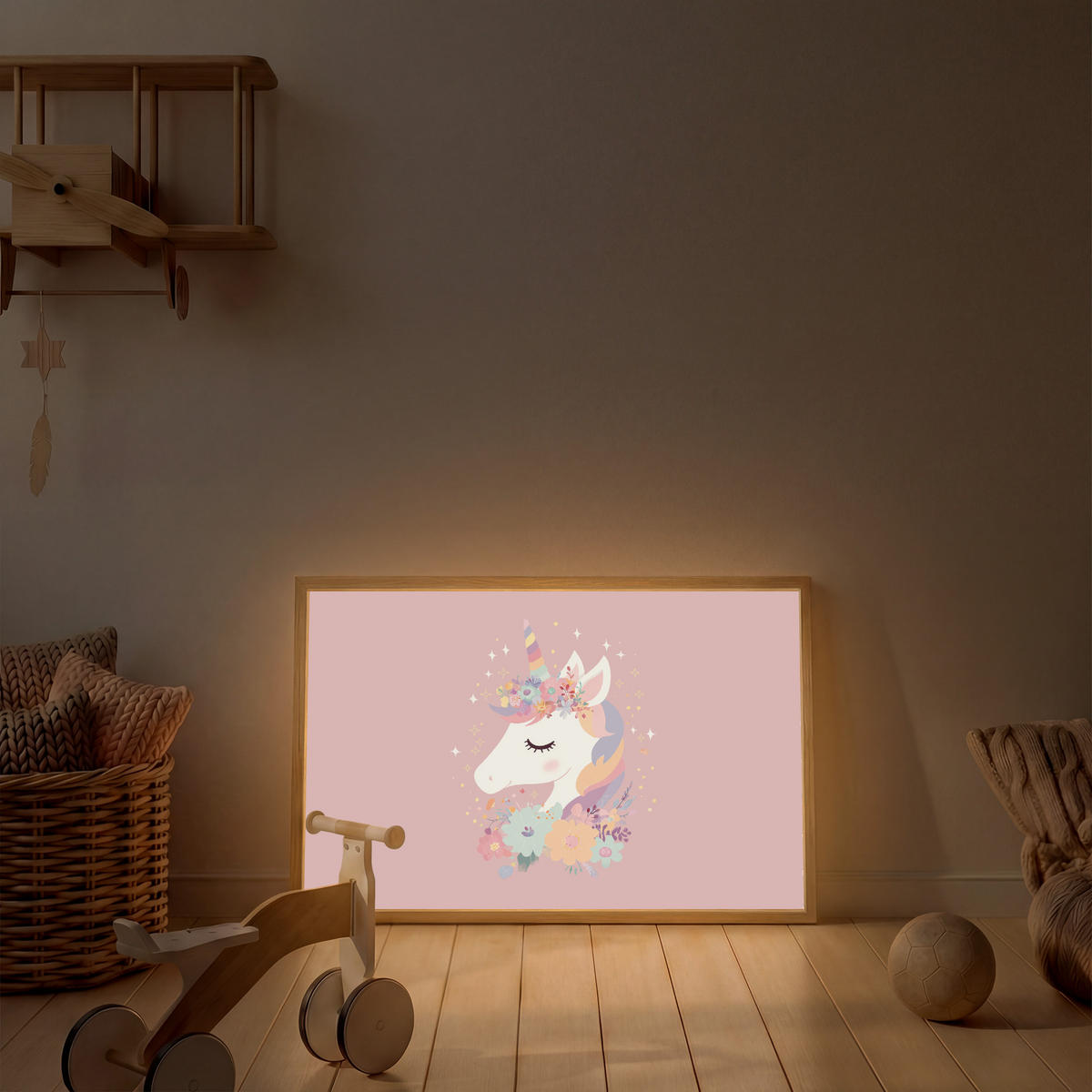 DOBÍJECÍ NOČNÍ LAMPIČKA Jednorožec - růžová - květiny 100x70 cm - růžová, kompozitní dřevo (8/100/70cm) - OnlyWow