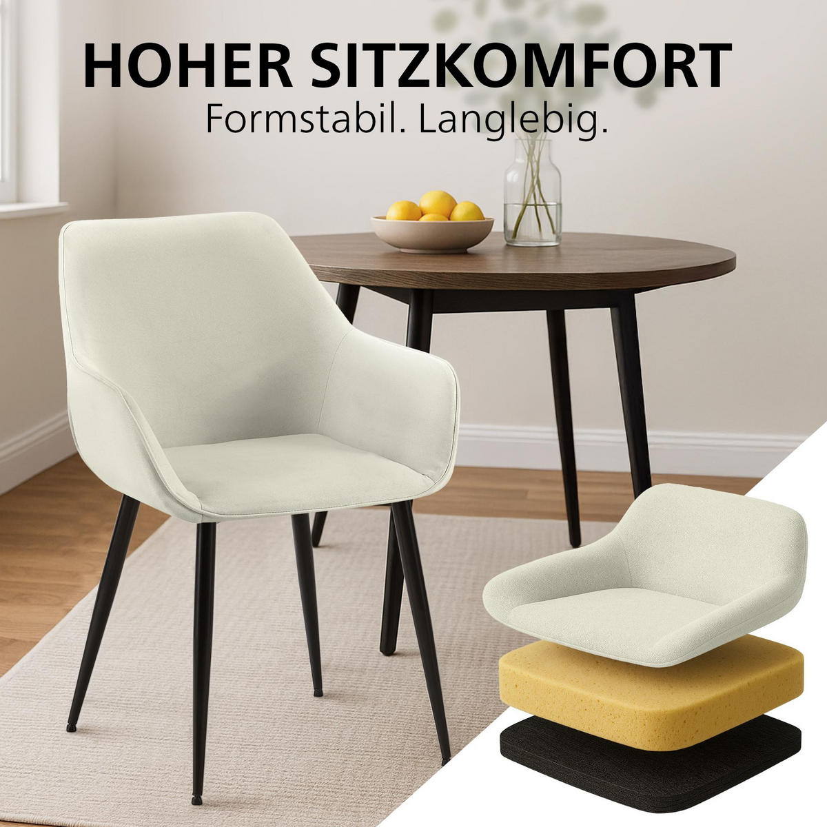 ARMLEHNENSTUHL Stoff Creme - Creme/Schwarz, Textil/Metall (52/82/63cm) - CLP