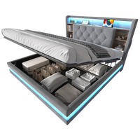 BOXBETT 140/200 mit LED/USB, Kopfteil-Regal & Hydraulik, Samt, Dunkelgrau - Dunkelgrau, Holz (140/200cm) - LVHOM