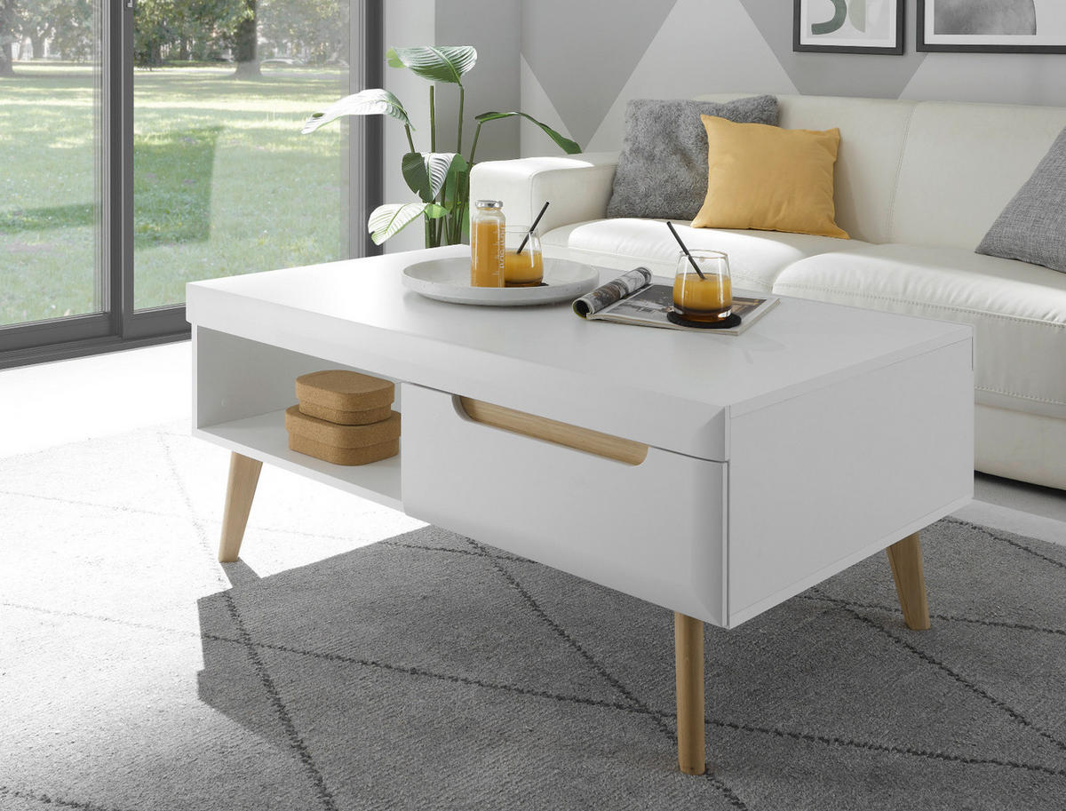 COUCHTISCH weiß matt, Eiche skandinavisch 107 x 67 cm, Wohnzimmertisch mit Stauraum - Eichefarben/Weiß, Holz/Holzwerkstoff (107/67/46cm) - Furn.Design