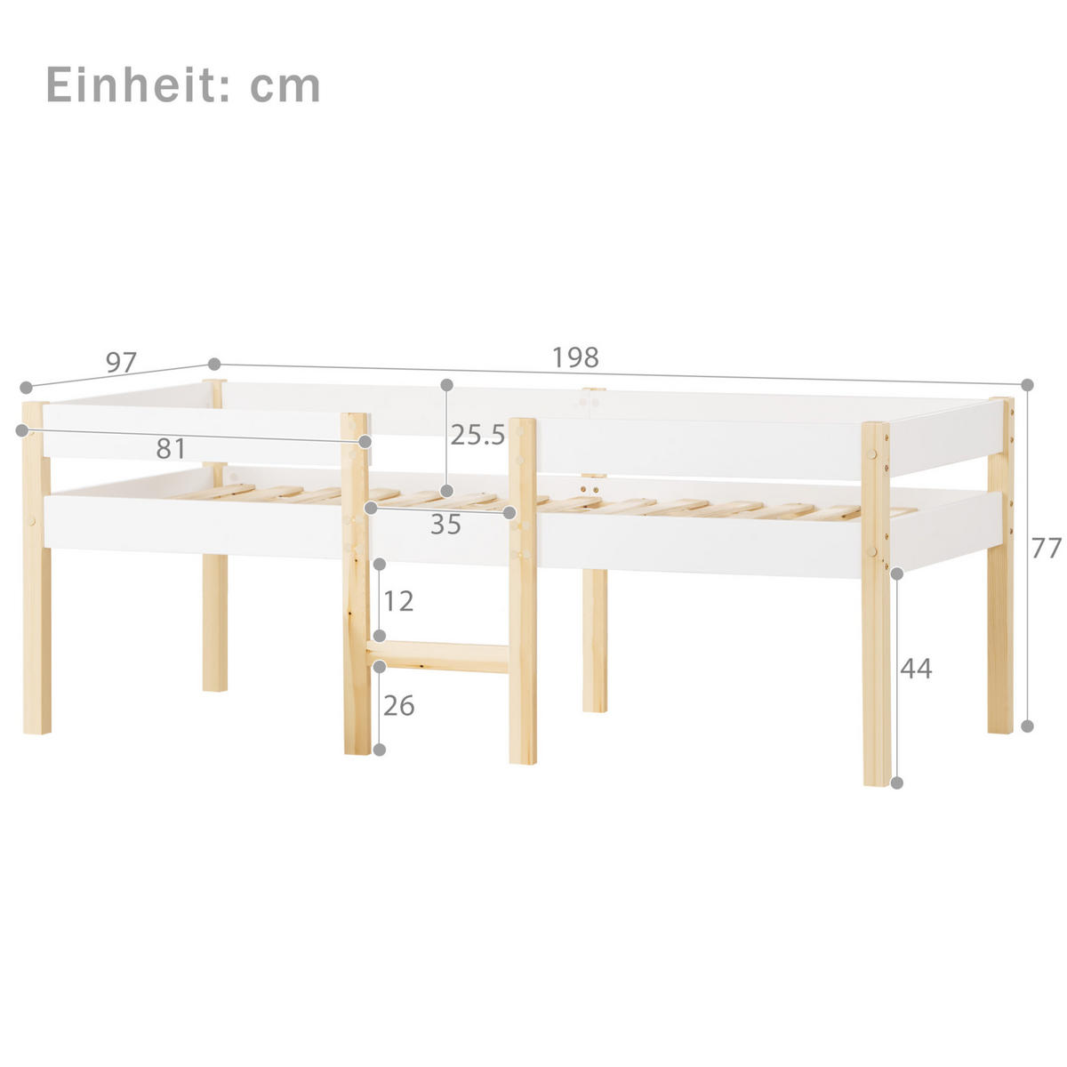 KINDERBETT 90/190 cm aus Kiefer massiv in Weiß mit Rausfallschutz und Leiter - Weiß, Holz (90/200cm) - BEAOK