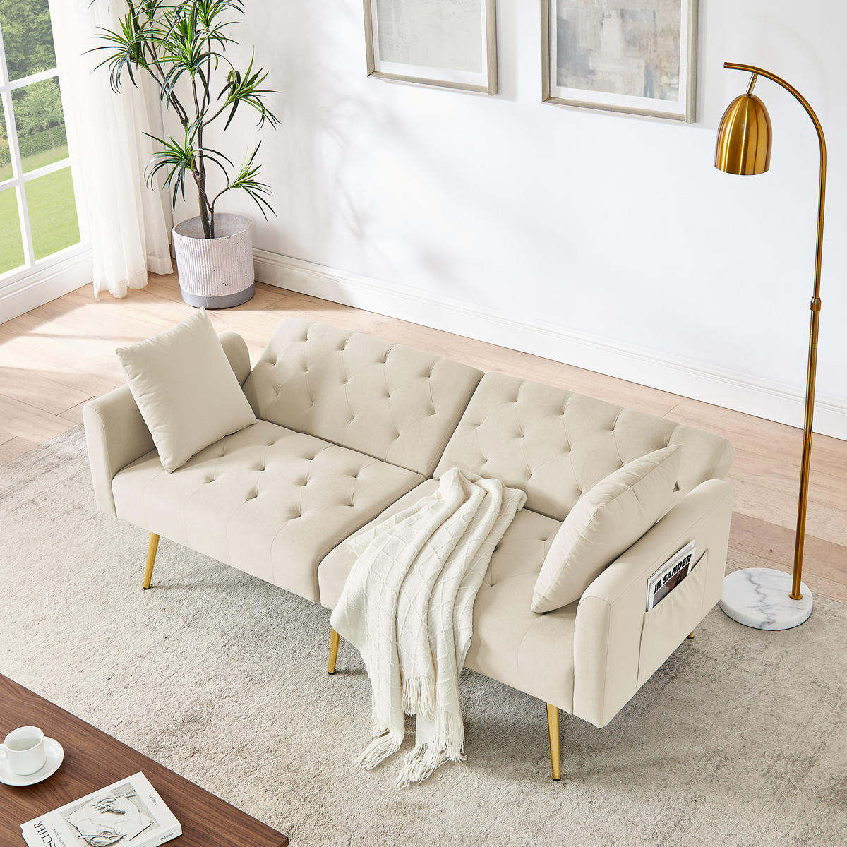 SCHLAFSOFA 177/78/74 cm in Beige Samt mit Aufbewahrungstasche - Beige, Textil (78/74/177cm) - Oxeza