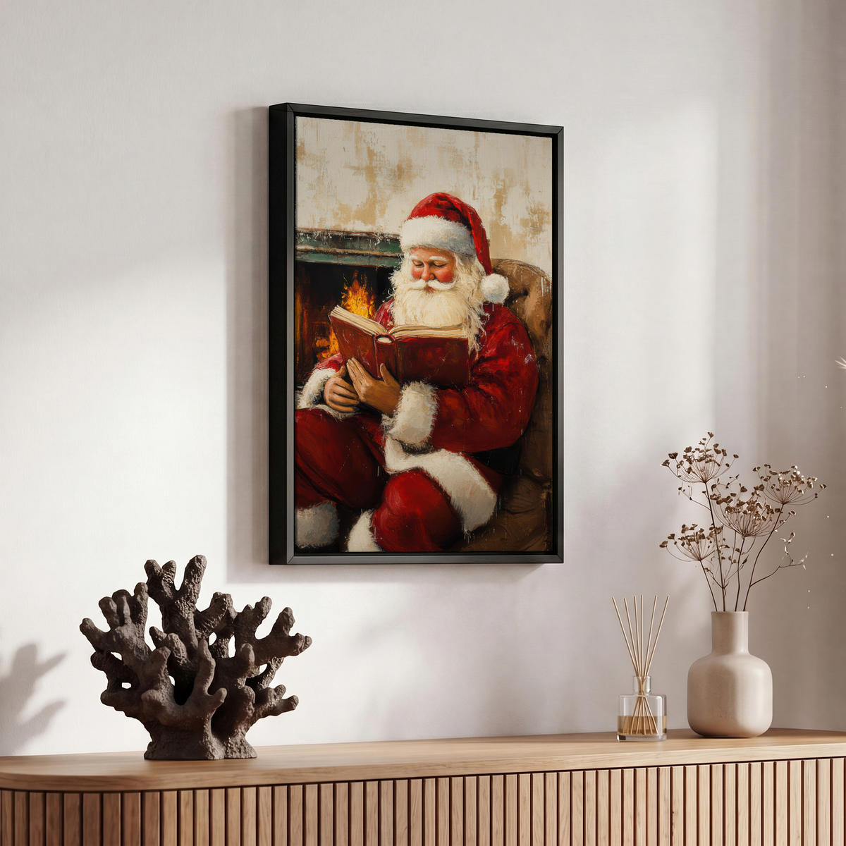 LEINWAND Bilder mit Rahmen - Weihnachten - Weihnachtsmann - Winter - Open Fireside - 20x30 - Dunkelrot, Textil (20/30cm) - MuchoWow