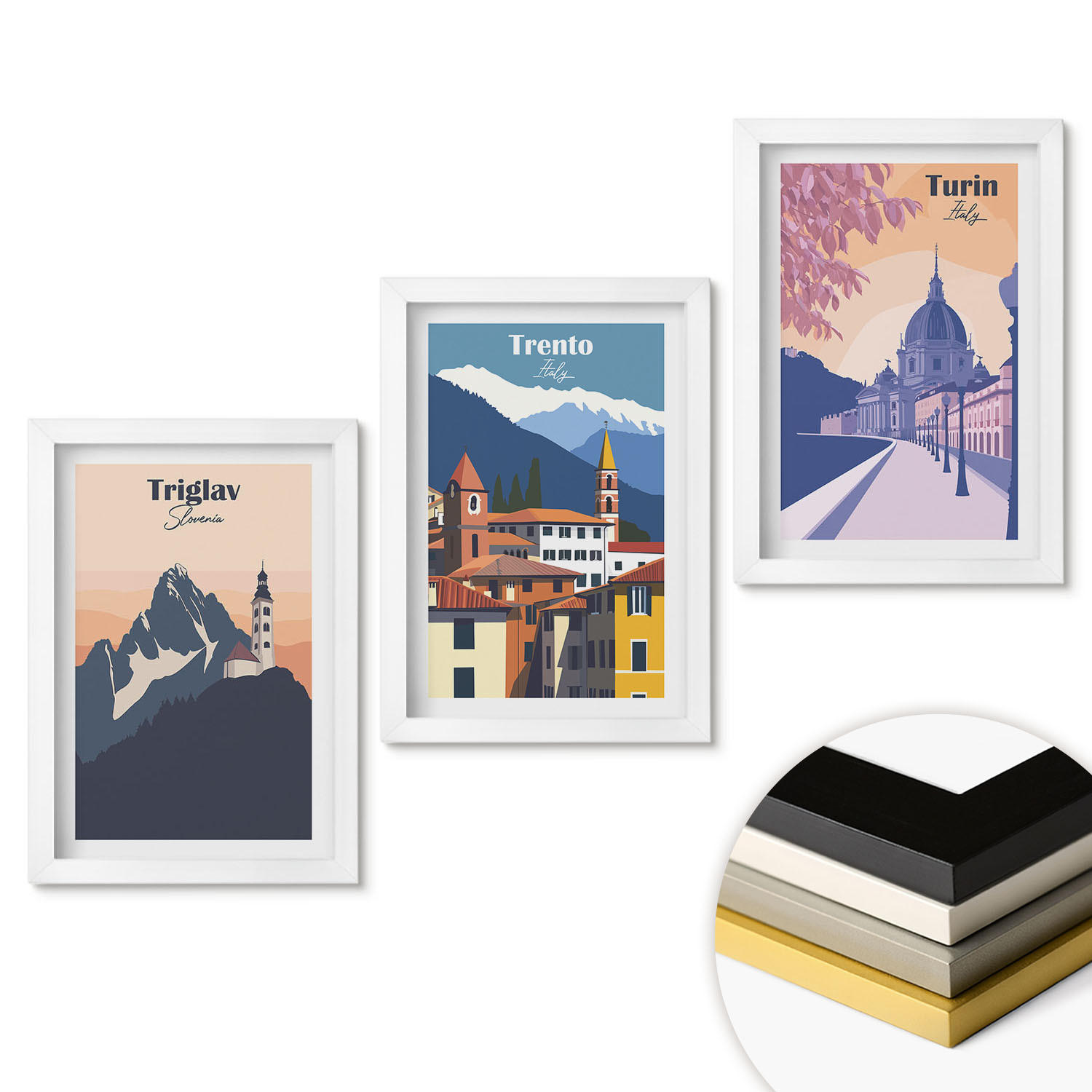WANDBILDER 3er-Set - 20x30 cm Weißer Rahmen - Retro-Illustrationen zur Bergarchitektur - Weiß, Kunststoff (20/30cm) - ArtPrintCave