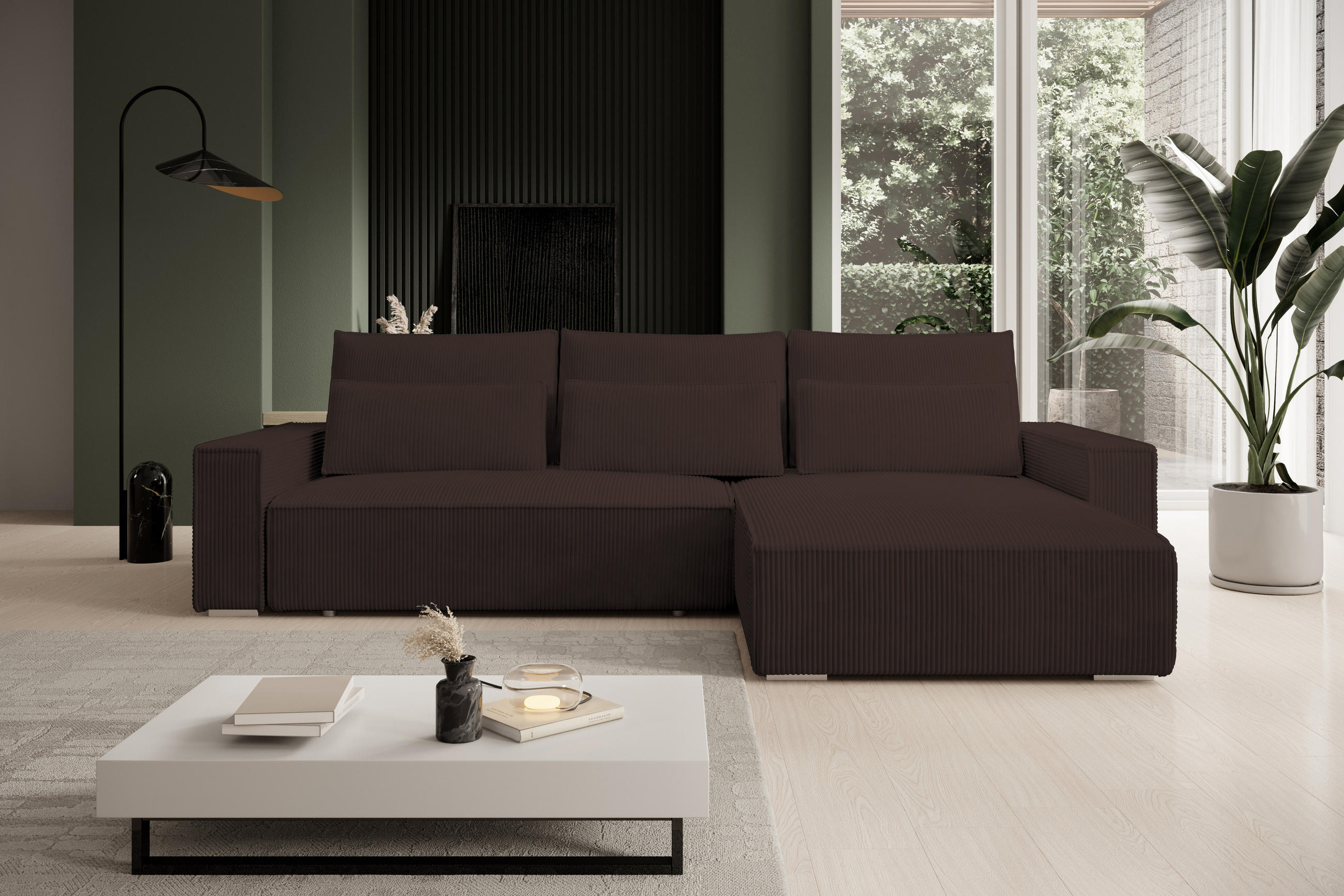 ECKSOFA Alice mit Bettkasten und Schlaffunktion, Cordstoff in L-Form - Braun, Textil (289/184cm)